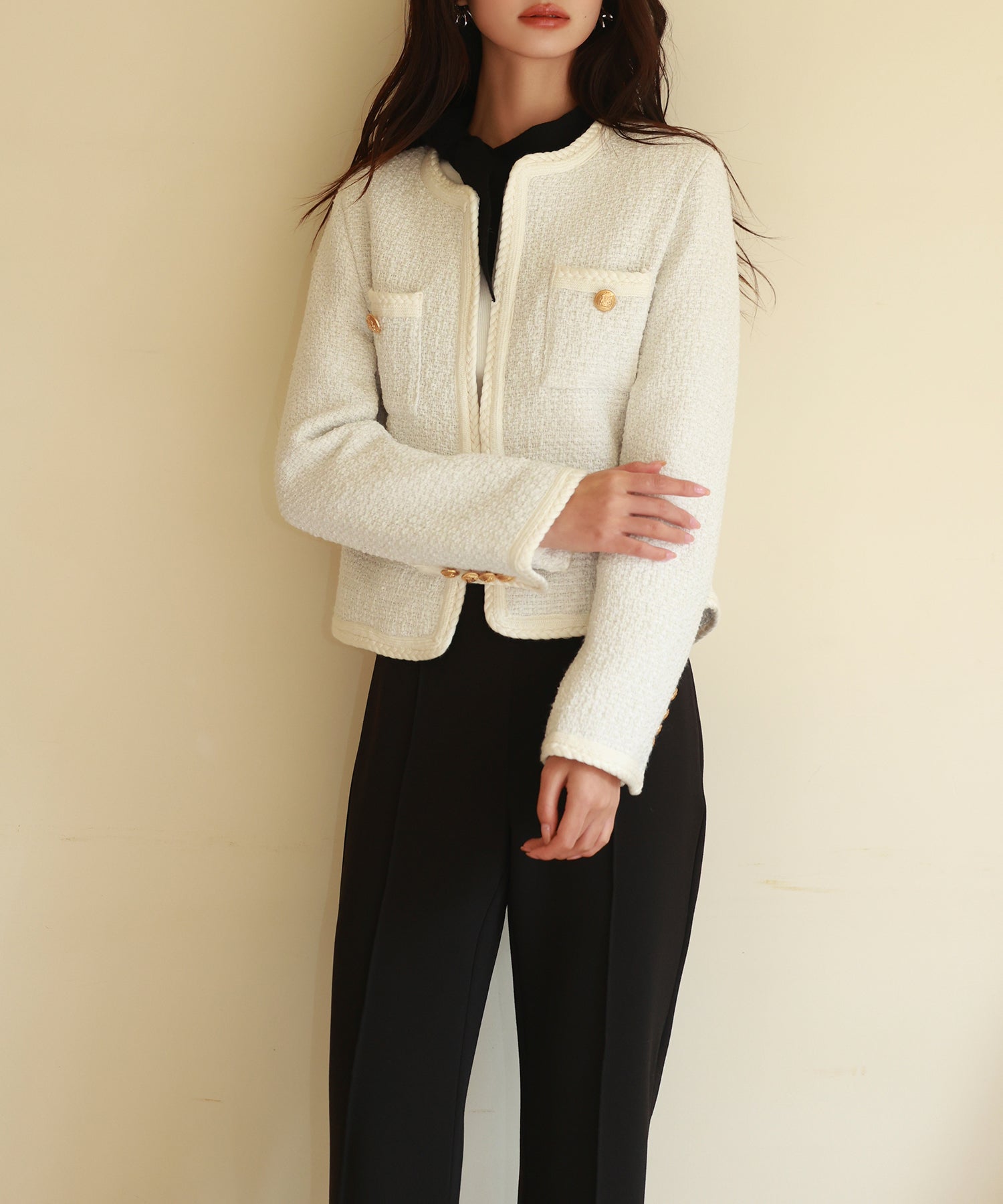 凹凸ツイードノーカラージャケットsdpps23003 ホワイト