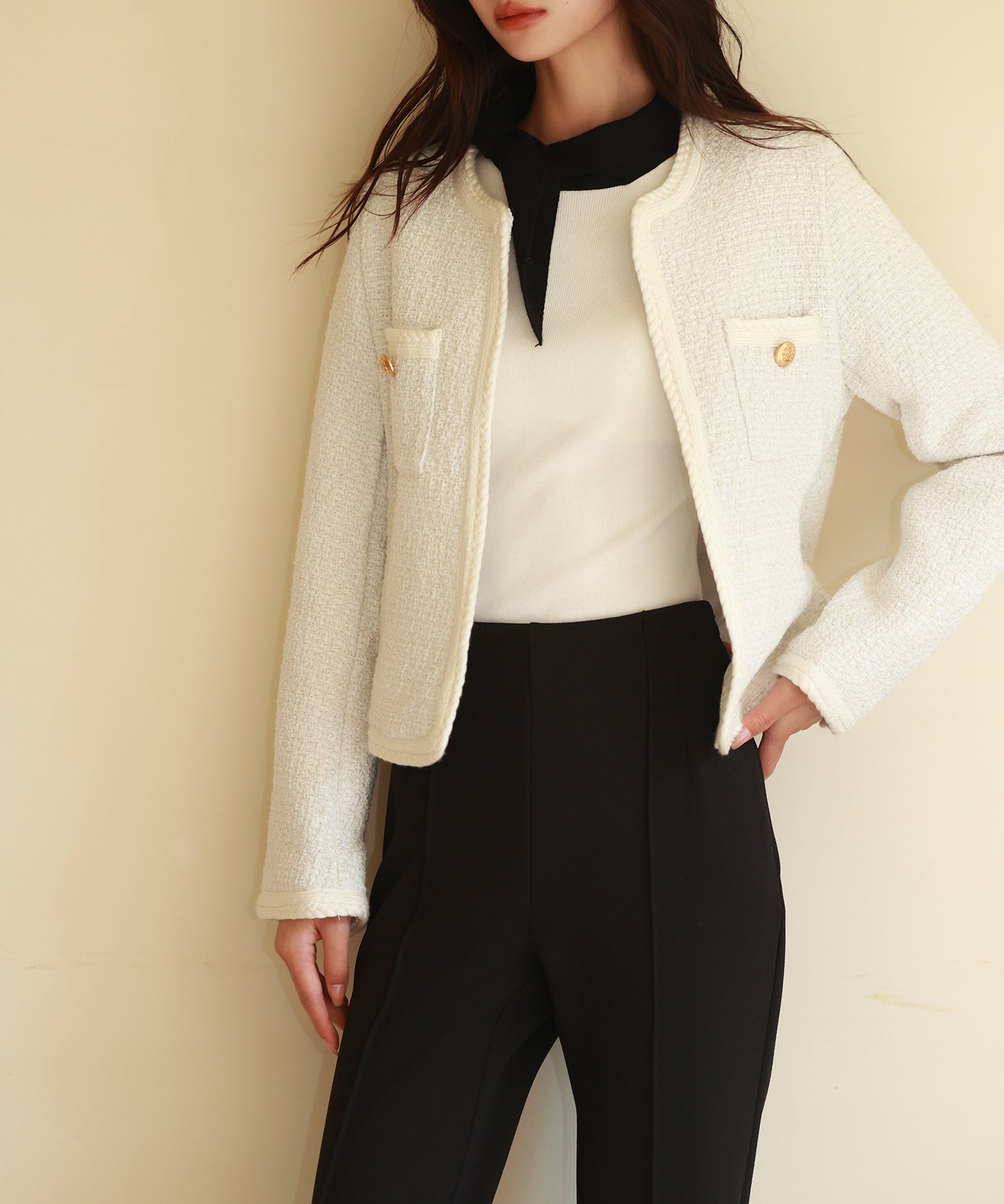 凹凸ツイードノーカラージャケットsdpps23003 ホワイト