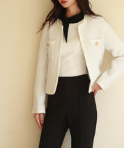 凹凸ツイードノーカラージャケットsdpps23003 ホワイト