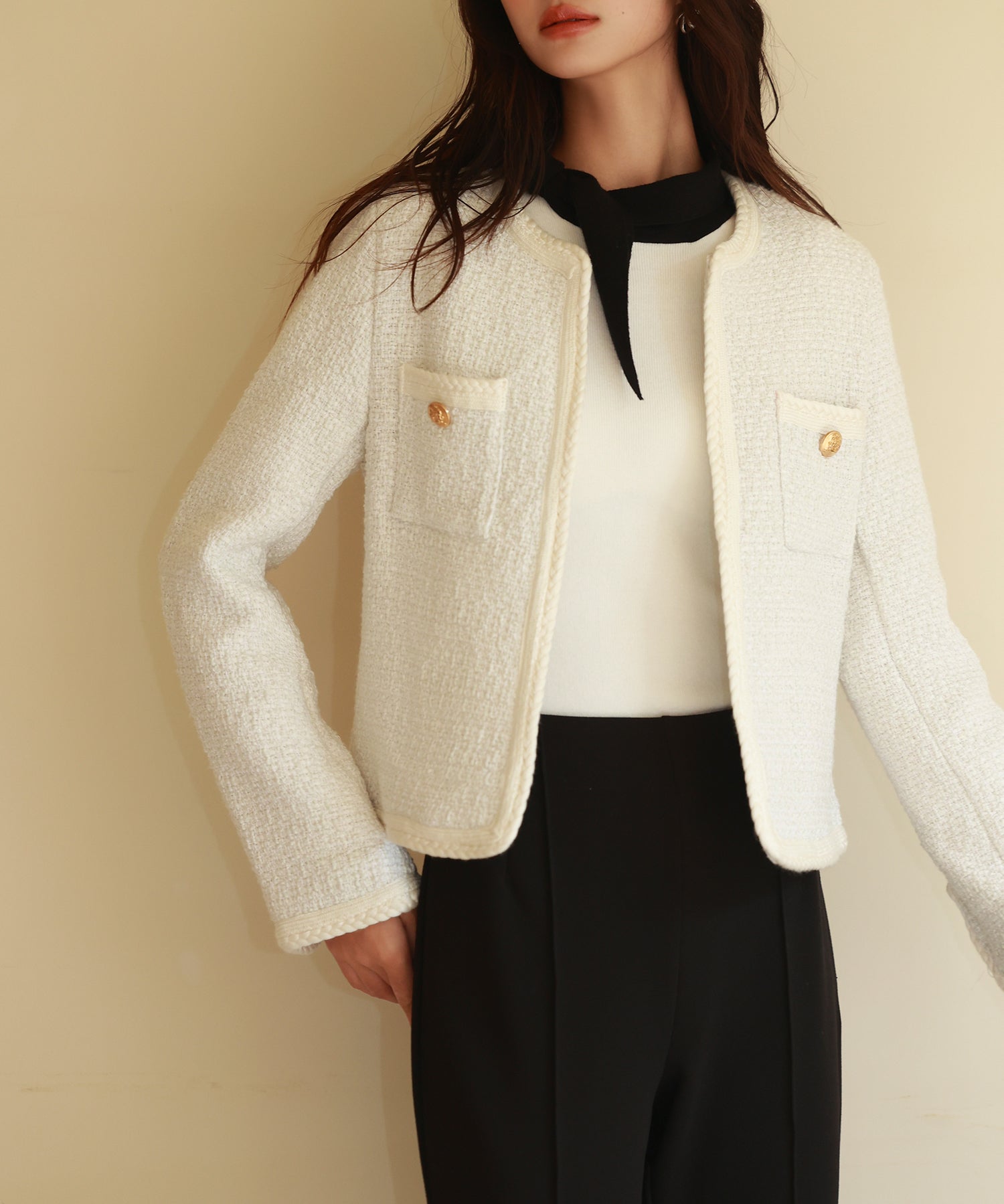 凹凸ツイードノーカラージャケットsdpps23003 ホワイト