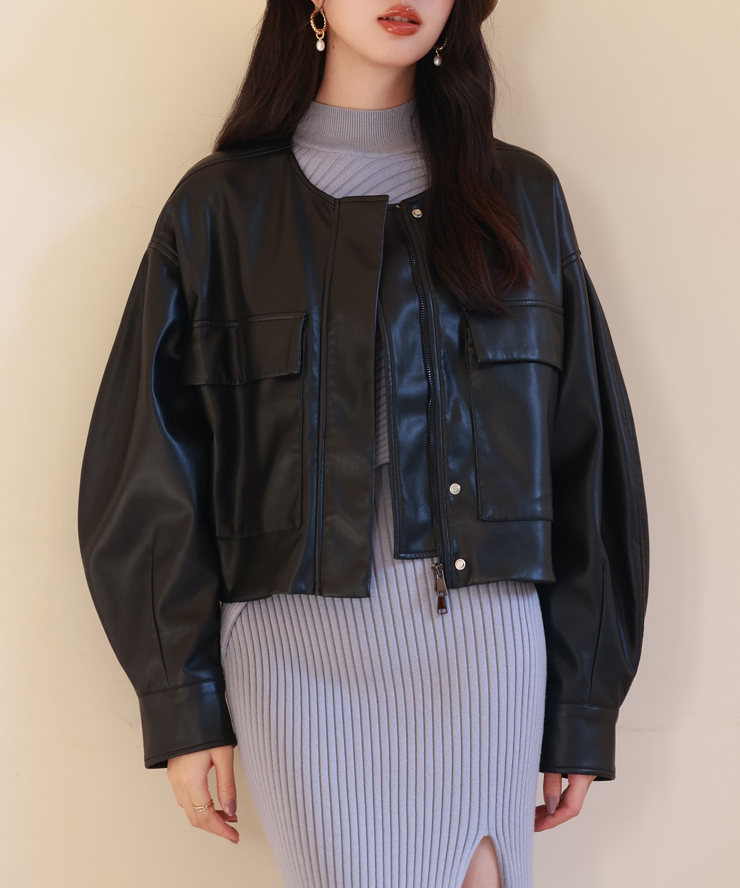 ノーカラーフェイクレザーブルゾンsdpps23004-102-8