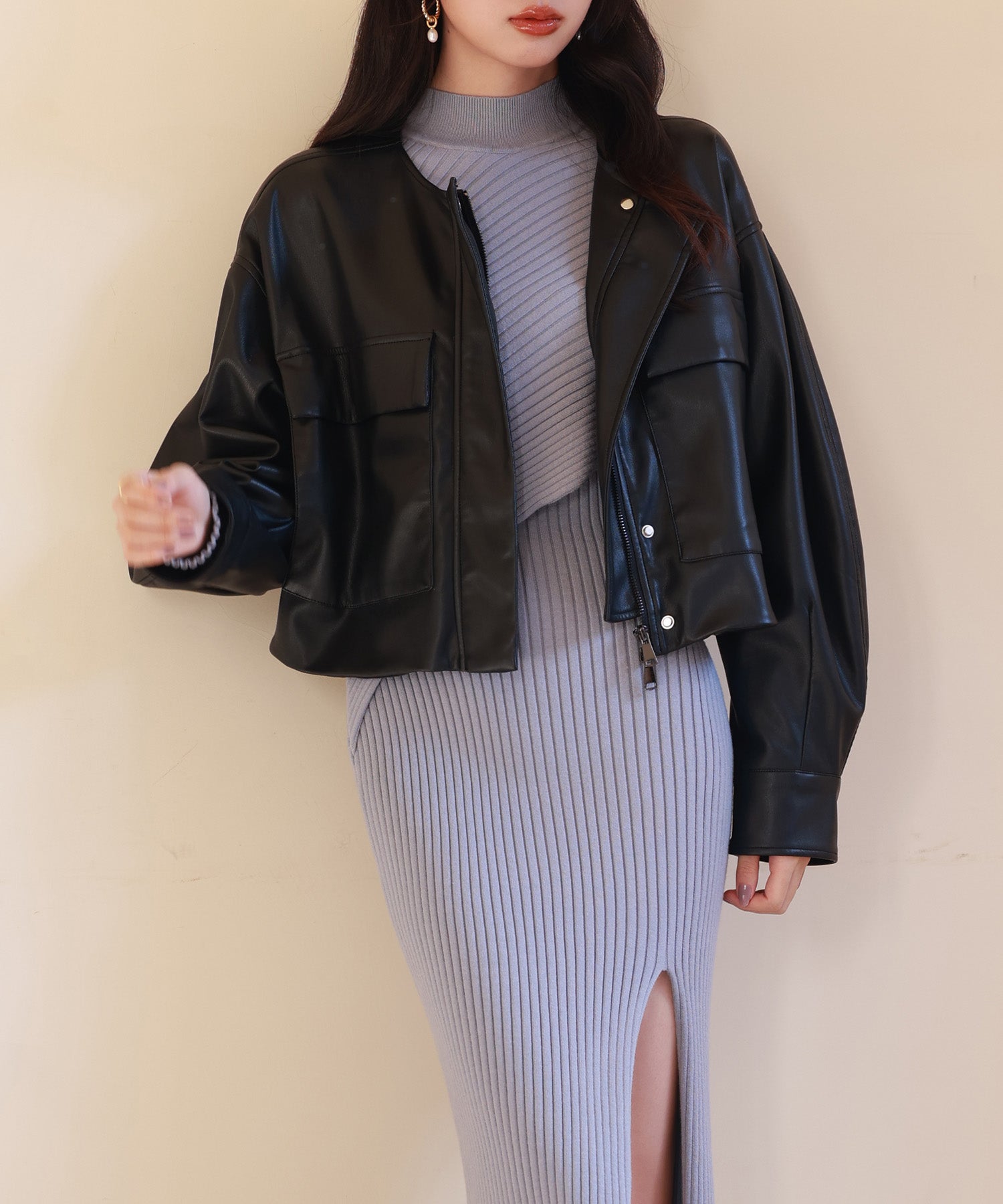 ノーカラーフェイクレザーブルゾンsdpps23004