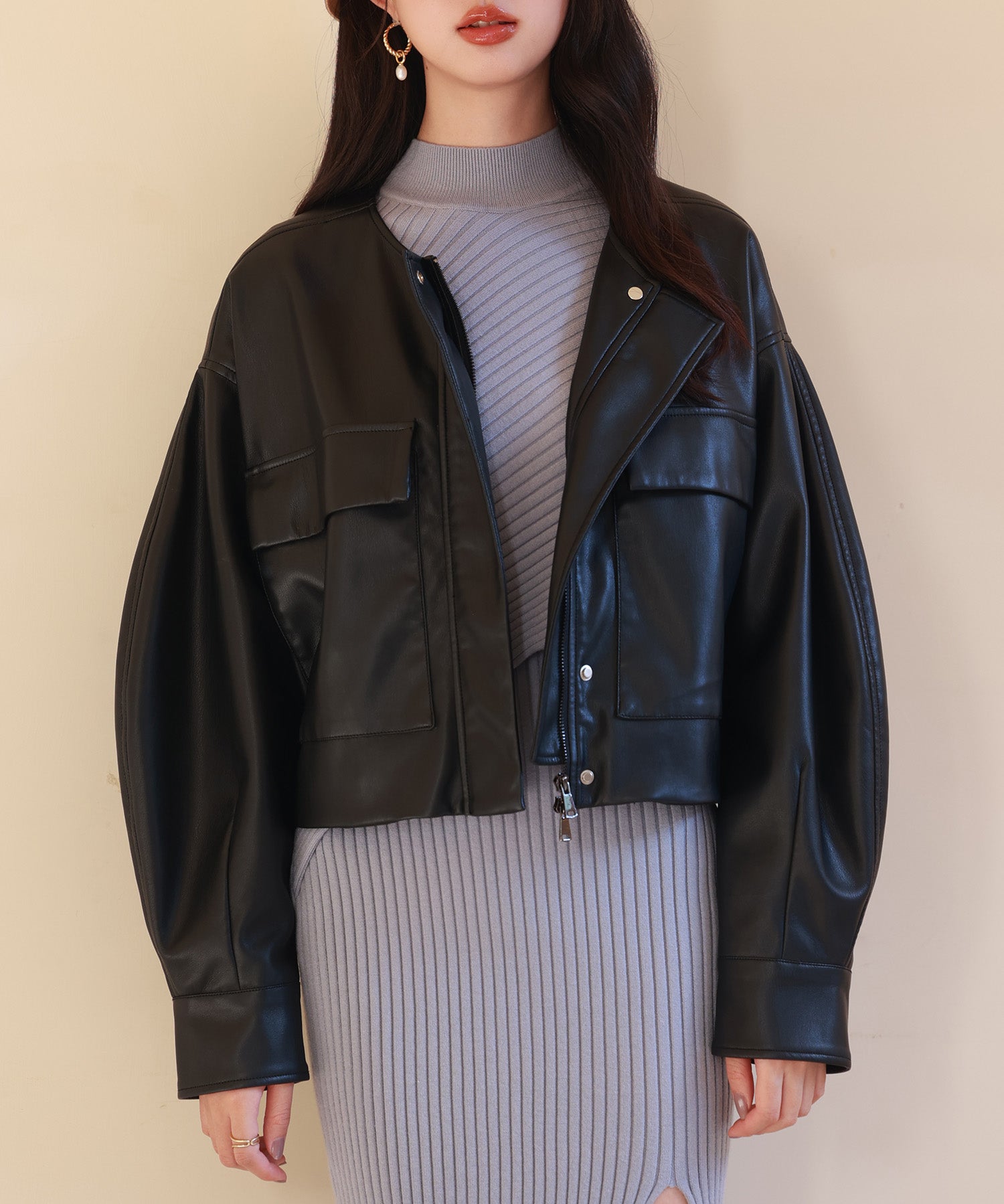 ノーカラーフェイクレザーブルゾンsdpps23004