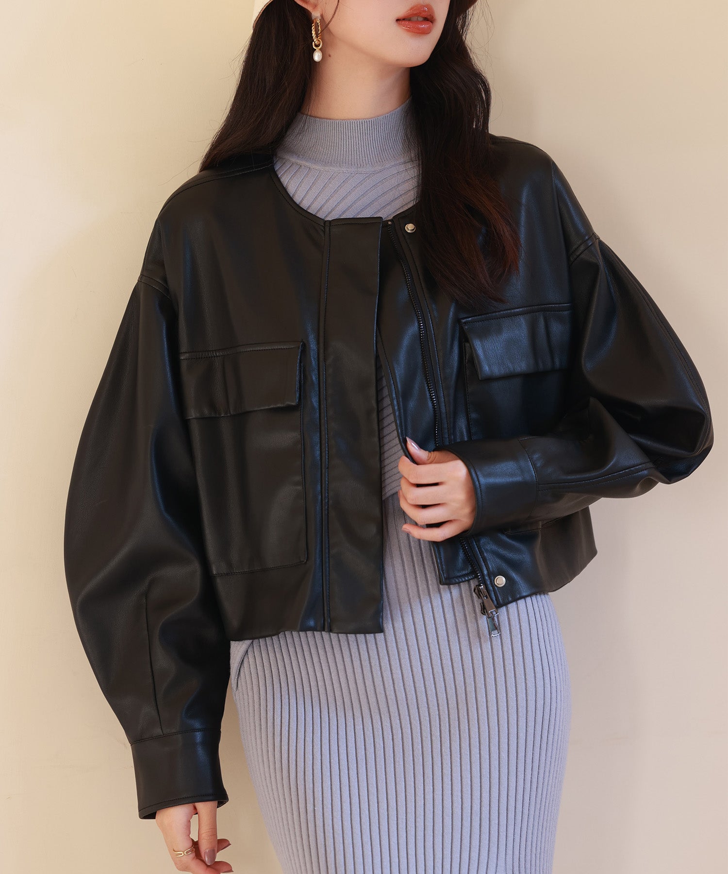 ノーカラーフェイクレザーブルゾンsdpps23004