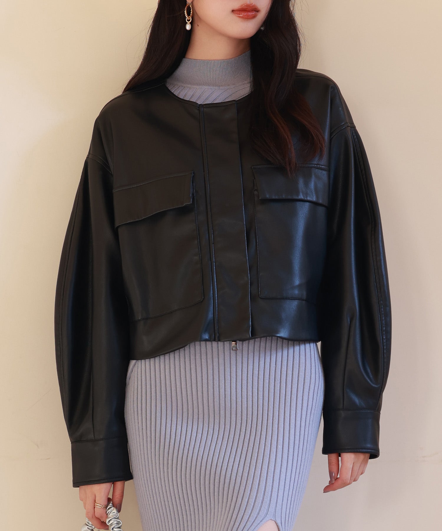 ノーカラーフェイクレザーブルゾンsdpps23004