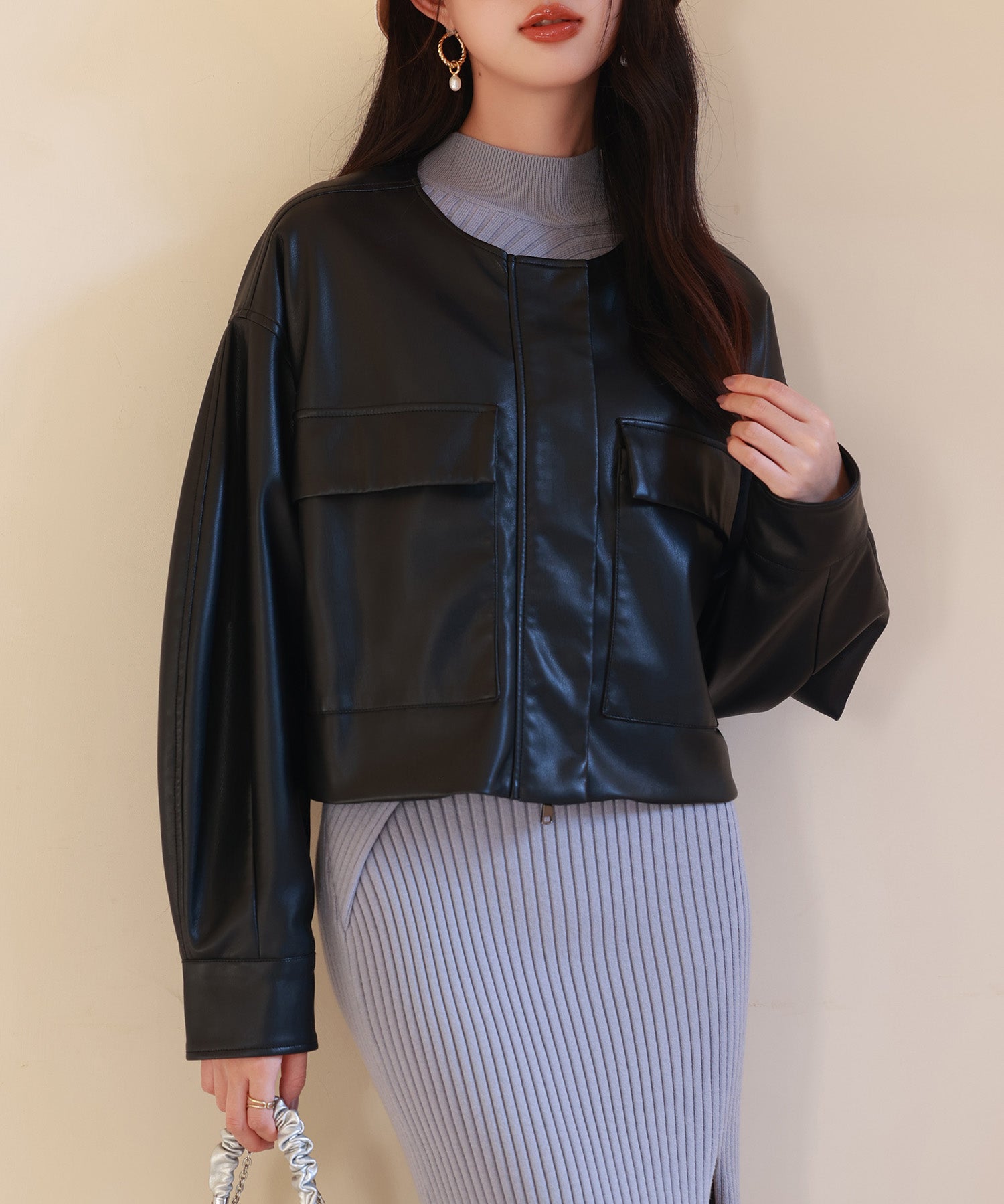 ノーカラーフェイクレザーブルゾンsdpps23004