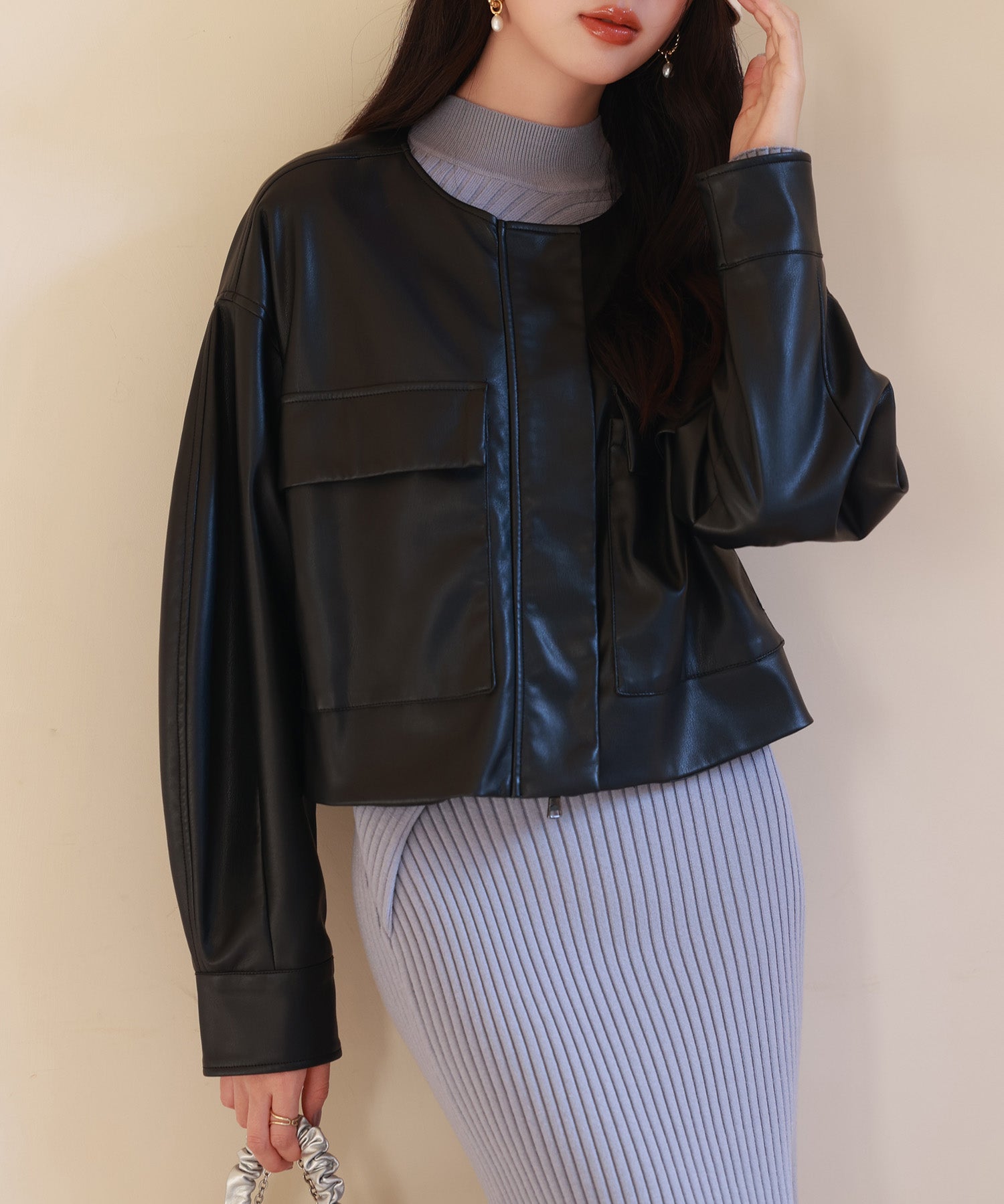 ノーカラーフェイクレザーブルゾンsdpps23004