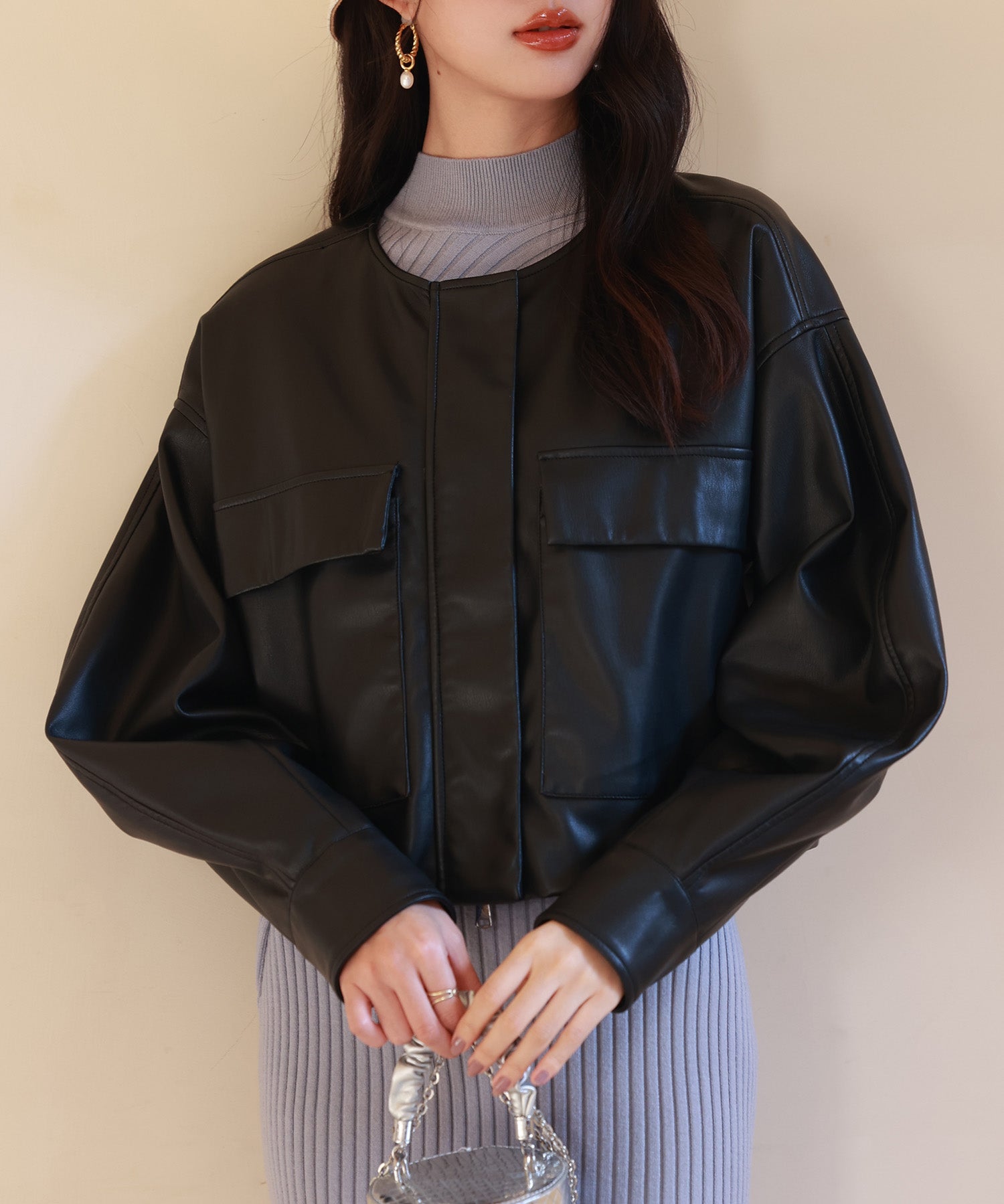 ノーカラーフェイクレザーブルゾンsdpps23004