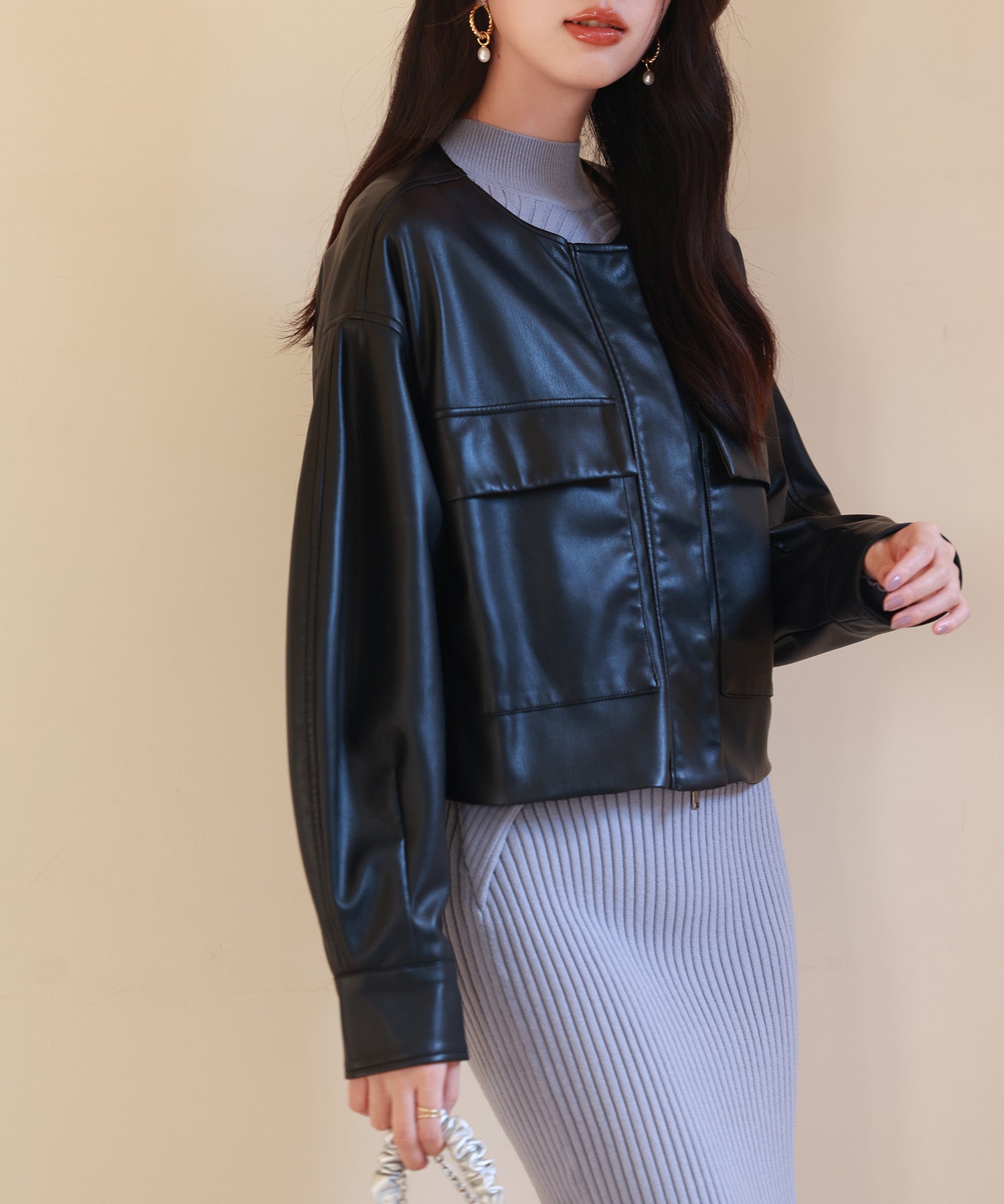 ノーカラーフェイクレザーブルゾンsdpps23004