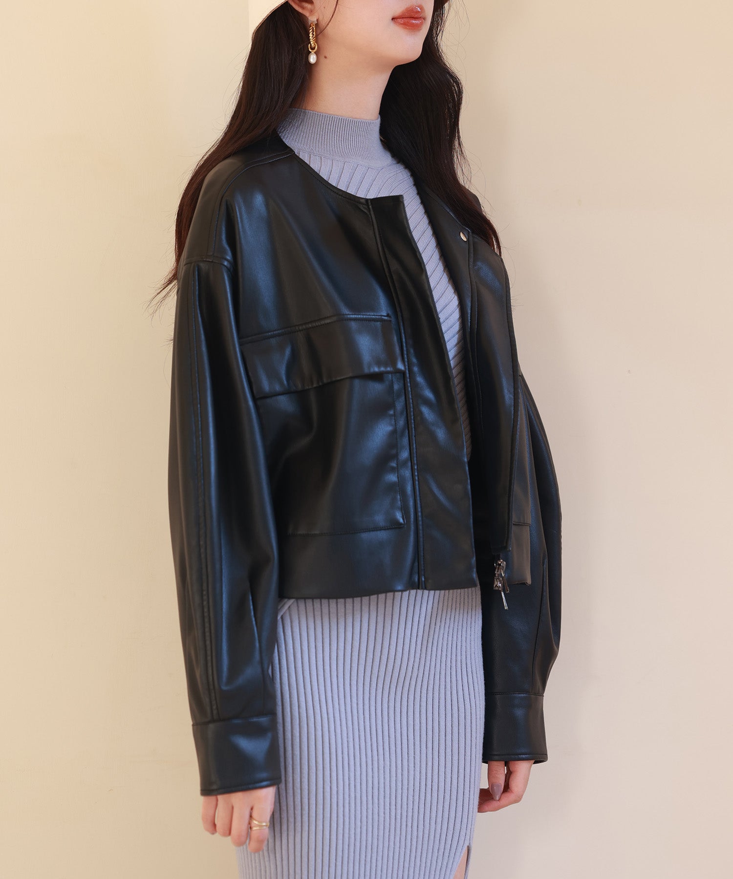 ノーカラーフェイクレザーブルゾンsdpps23004