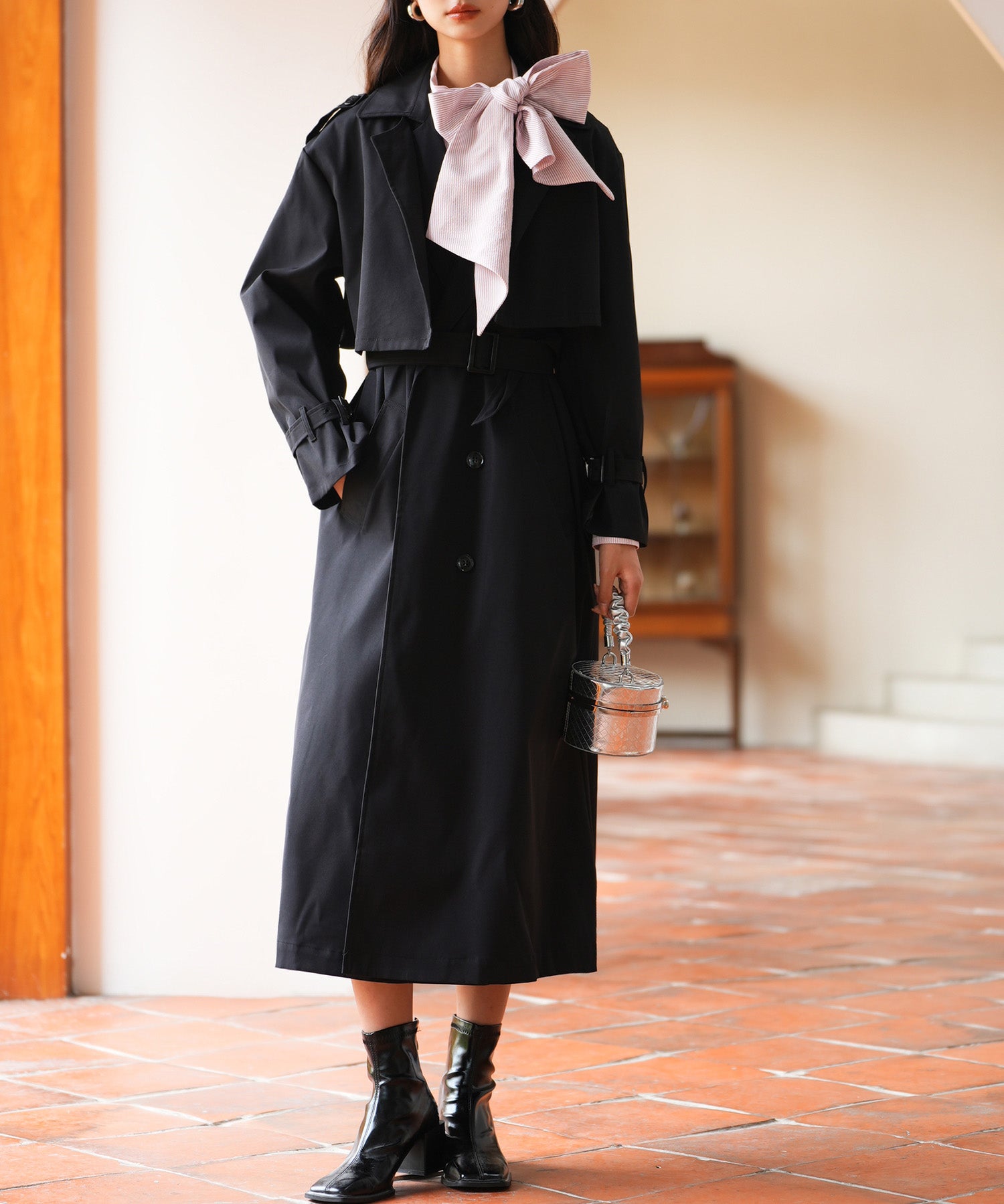 2点セットベルト付きトレンチコートsdpps23019 ブラック