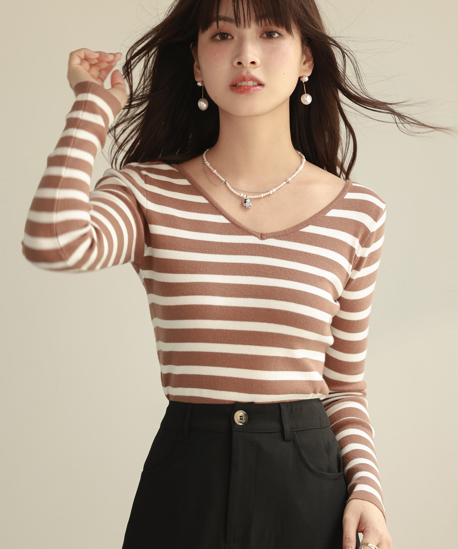 コンパクトVネックニットプルオーバーsdpxyf2743 ブラウン系その他