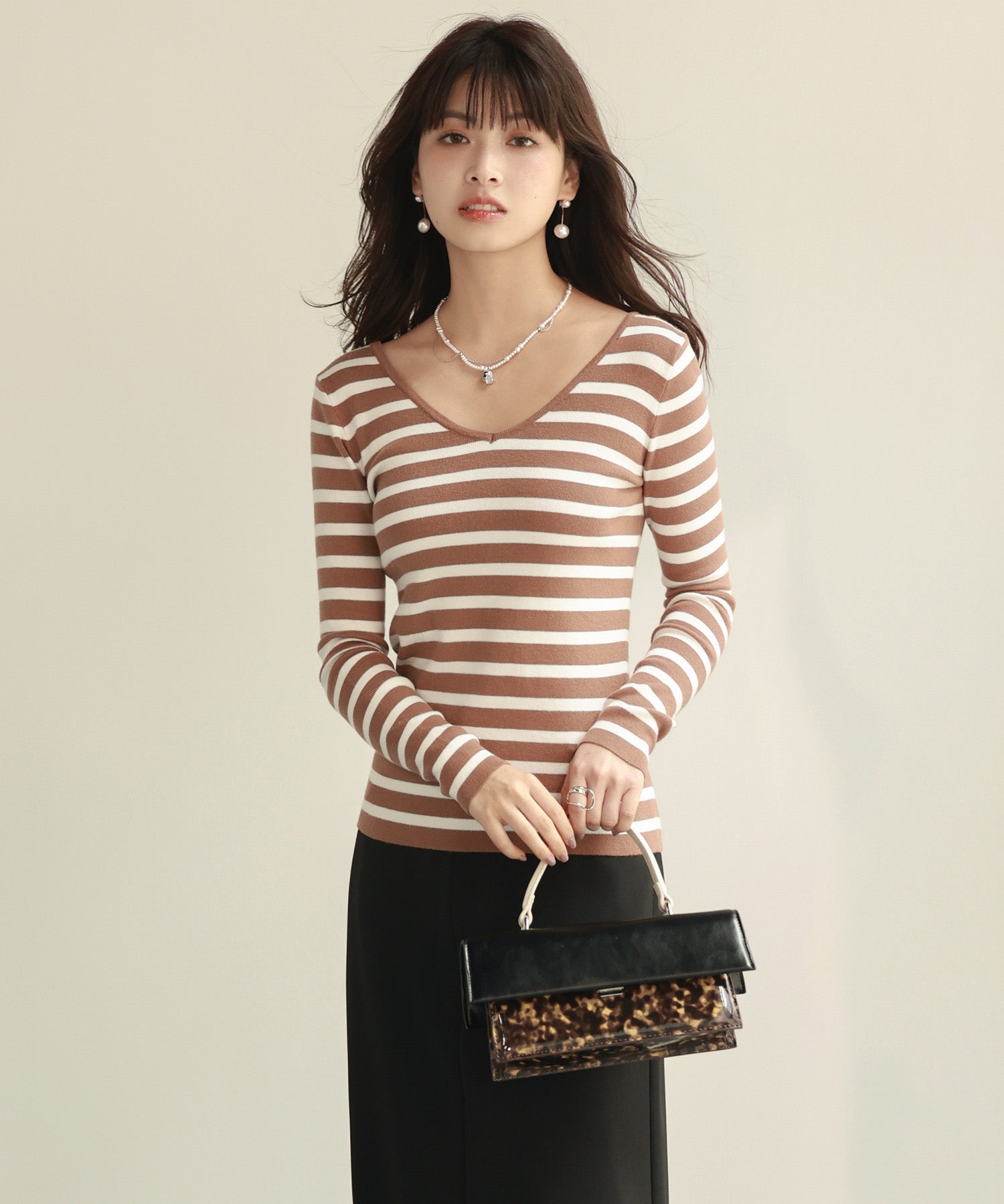 コンパクトVネックニットプルオーバーsdpxyf2743 ブラウン系その他