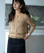 透かし編みフリンジニットカーディガンsdpxyf2817 ベージュ