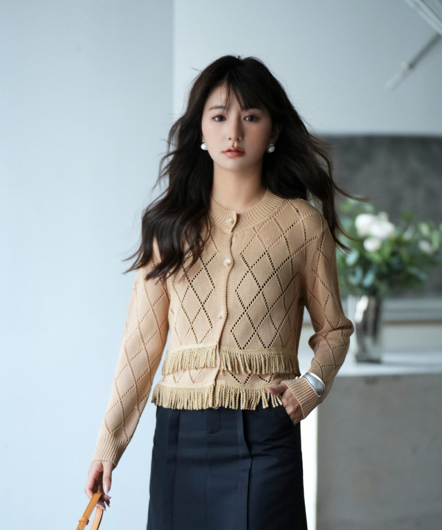 透かし編みフリンジニットカーディガンsdpxyf2817 ベージュ