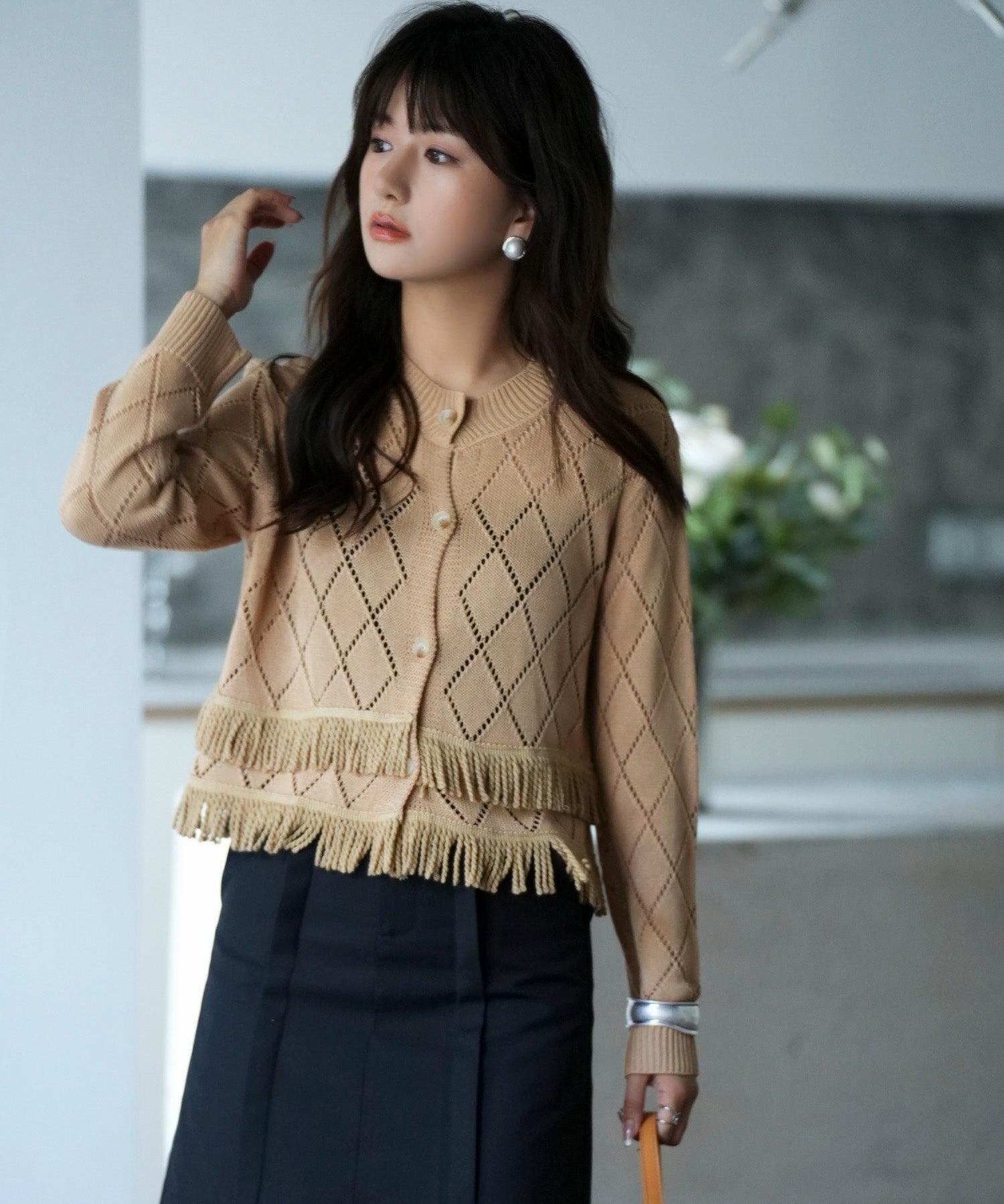 透かし編みフリンジニットカーディガンsdpxyf2817 ベージュ