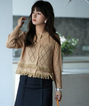 透かし編みフリンジニットカーディガンsdpxyf2817 ベージュ