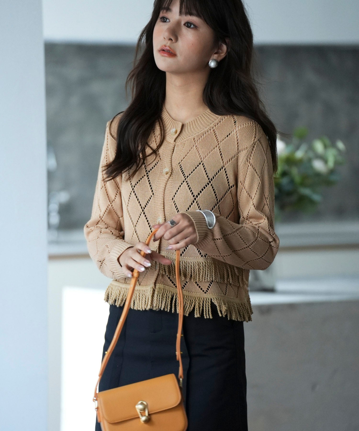 透かし編みフリンジニットカーディガンsdpxyf2817 ベージュ