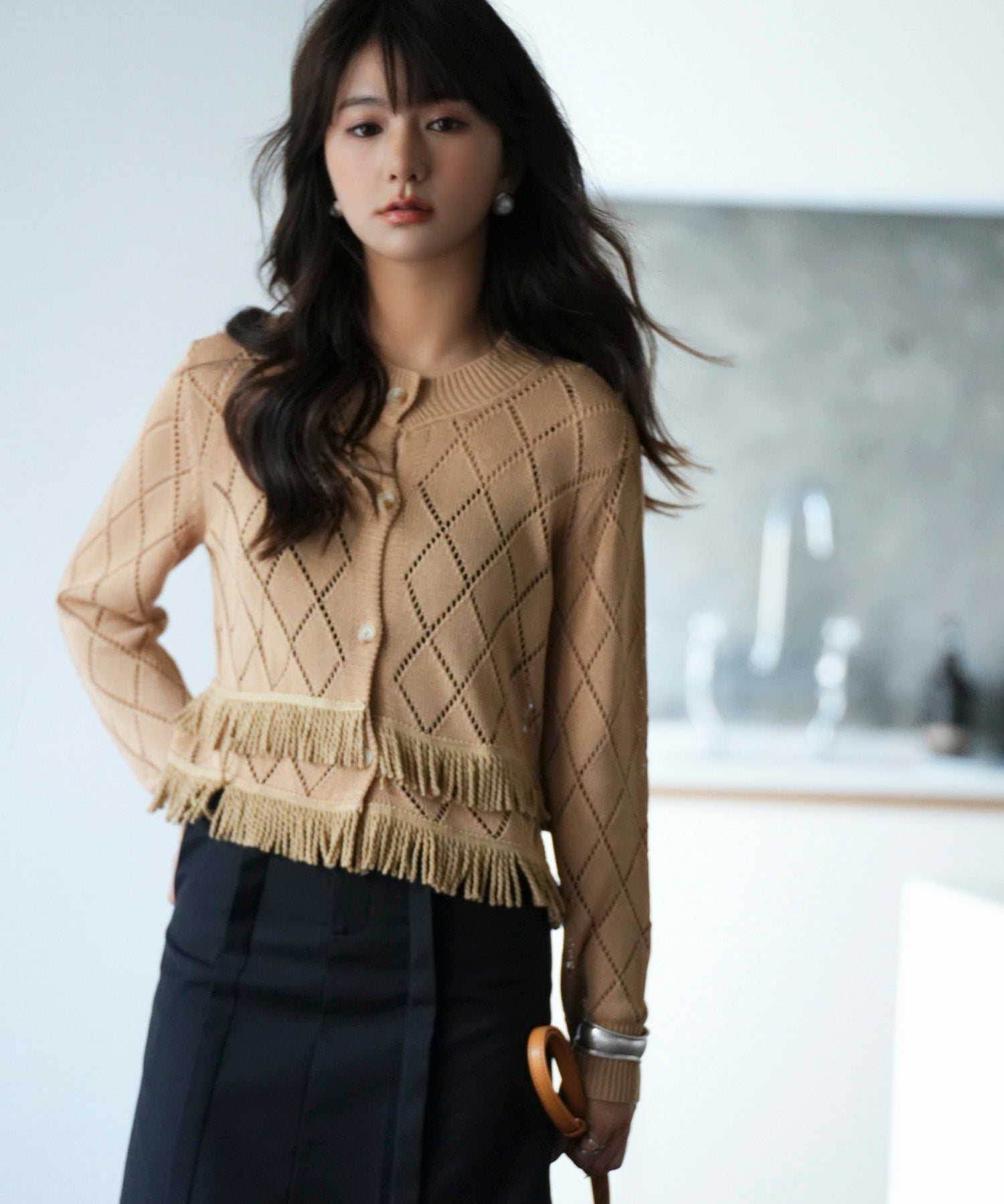 透かし編みフリンジニットカーディガンsdpxyf2817 ベージュ