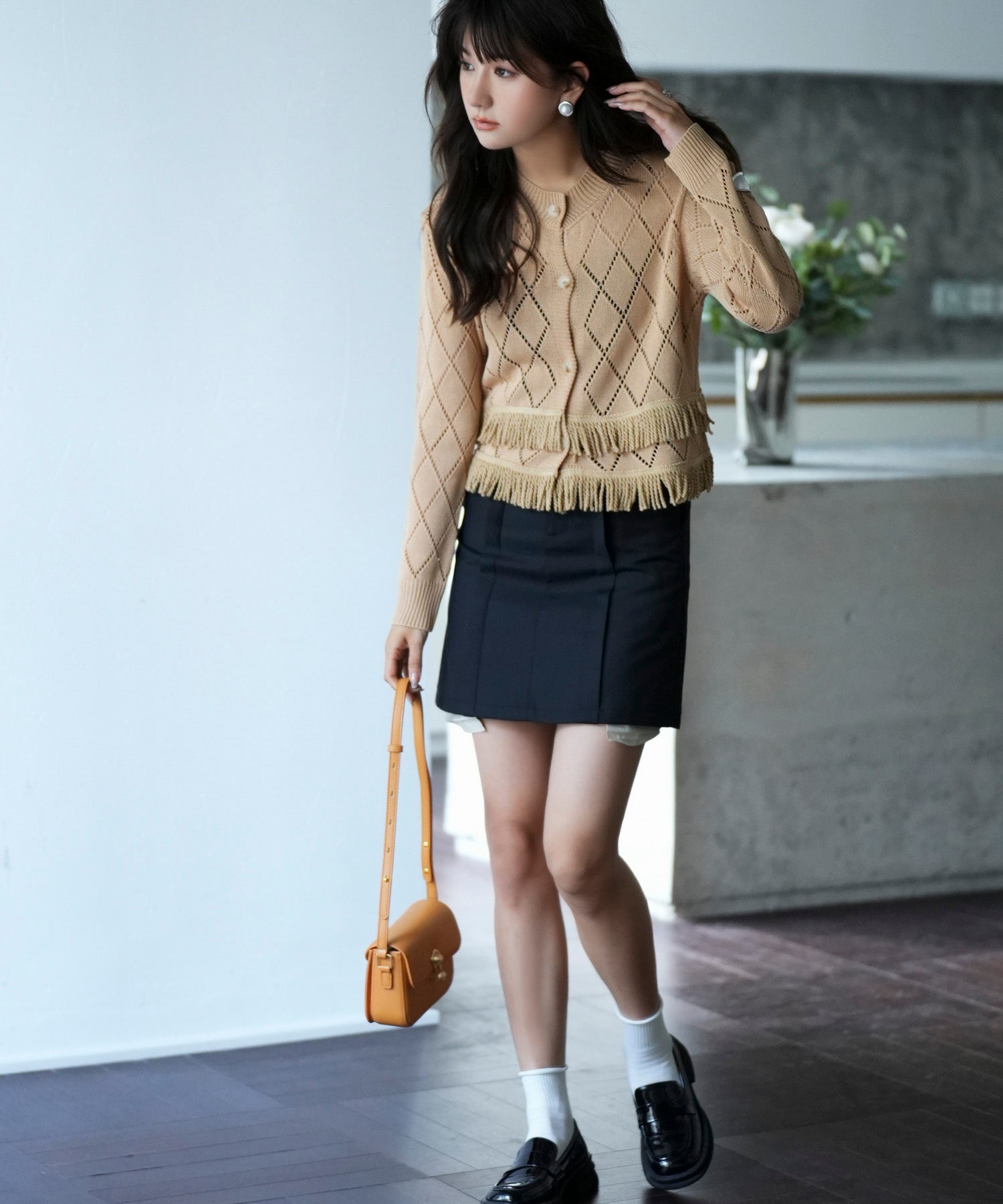 透かし編みフリンジニットカーディガンsdpxyf2817 ベージュ