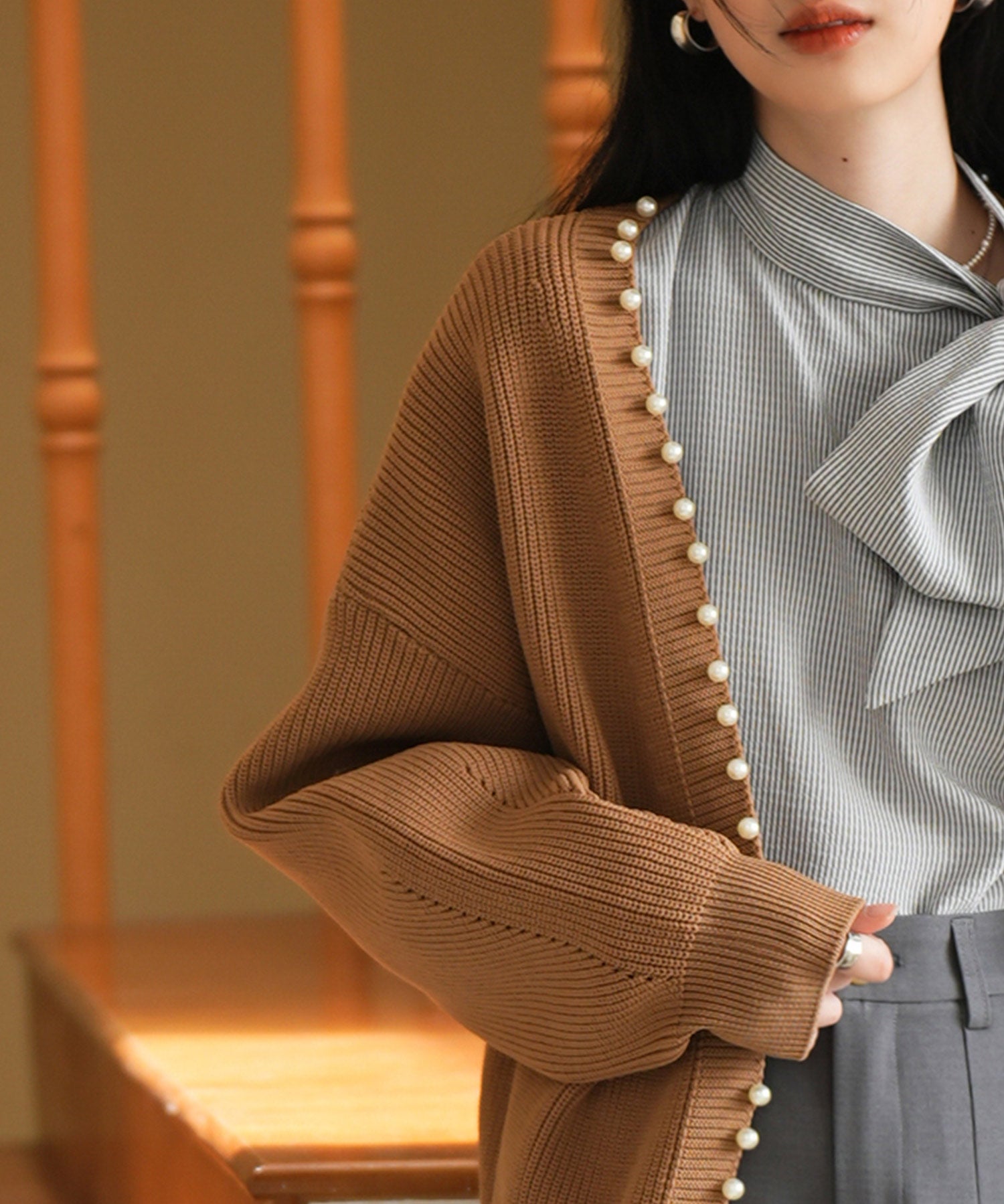 畦編みパールニットカーディガンsdpxyf2953 ブラウン