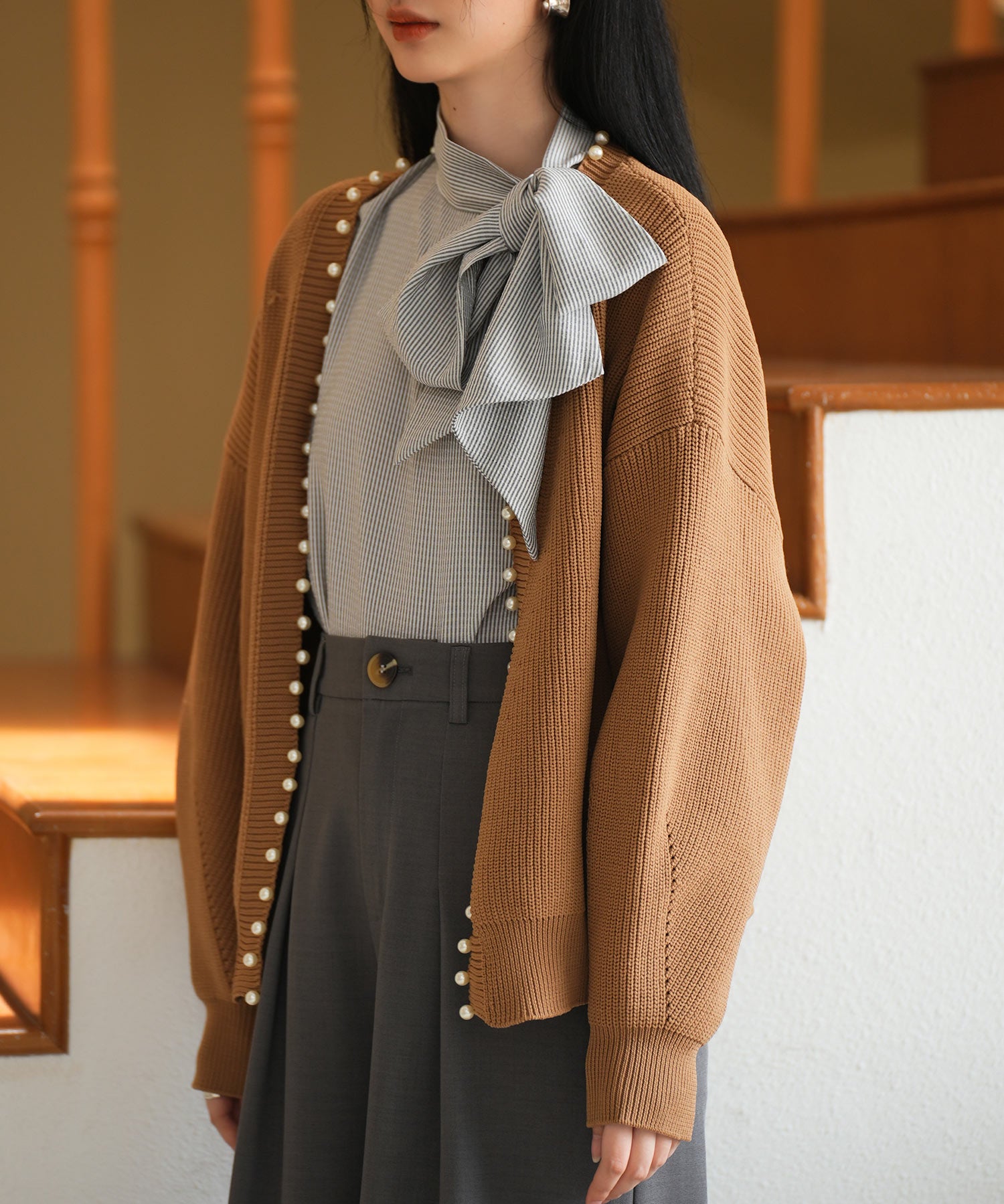 畦編みパールニットカーディガンsdpxyf2953 ブラウン