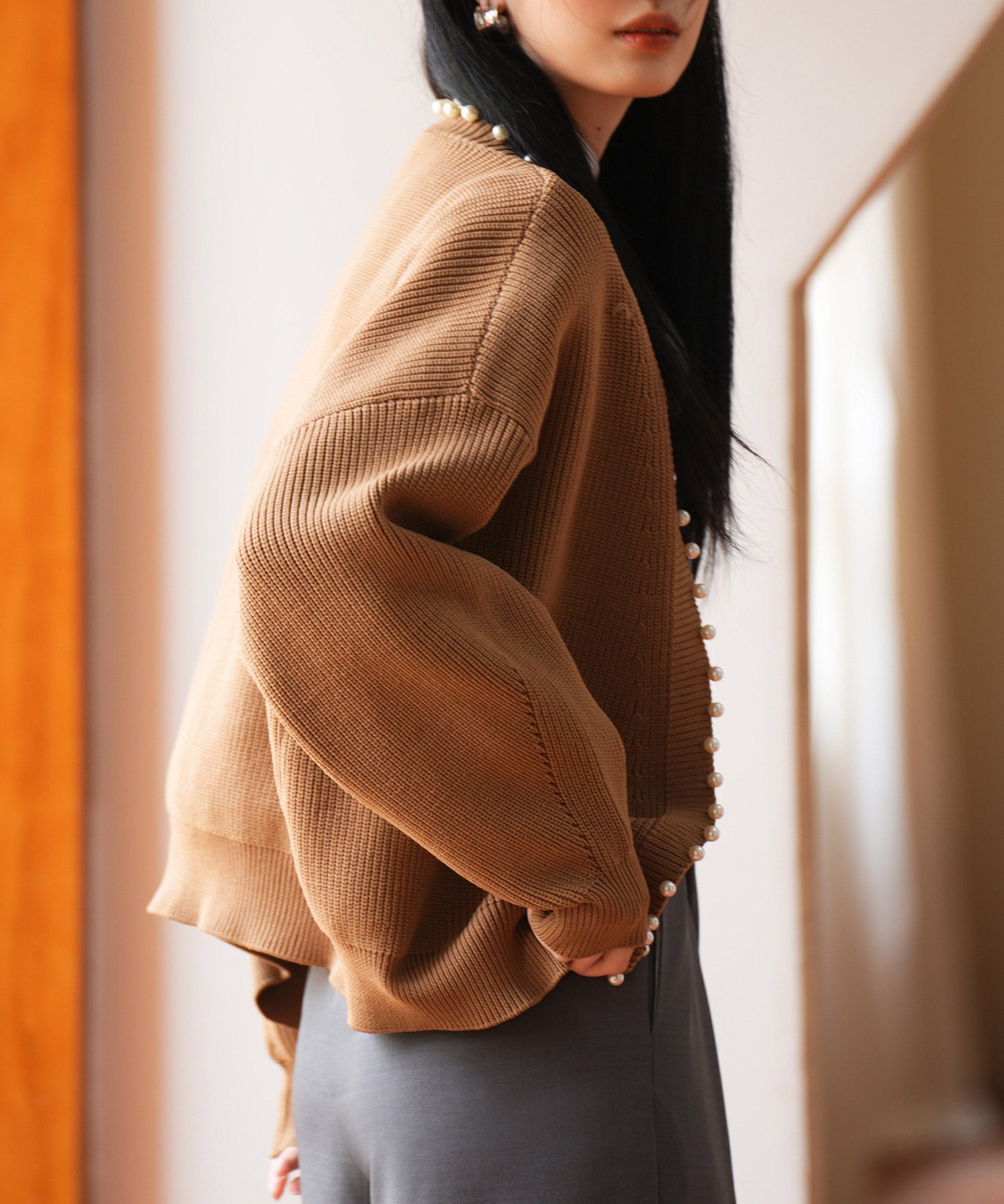 畦編みパールニットカーディガンsdpxyf2953 ブラウン
