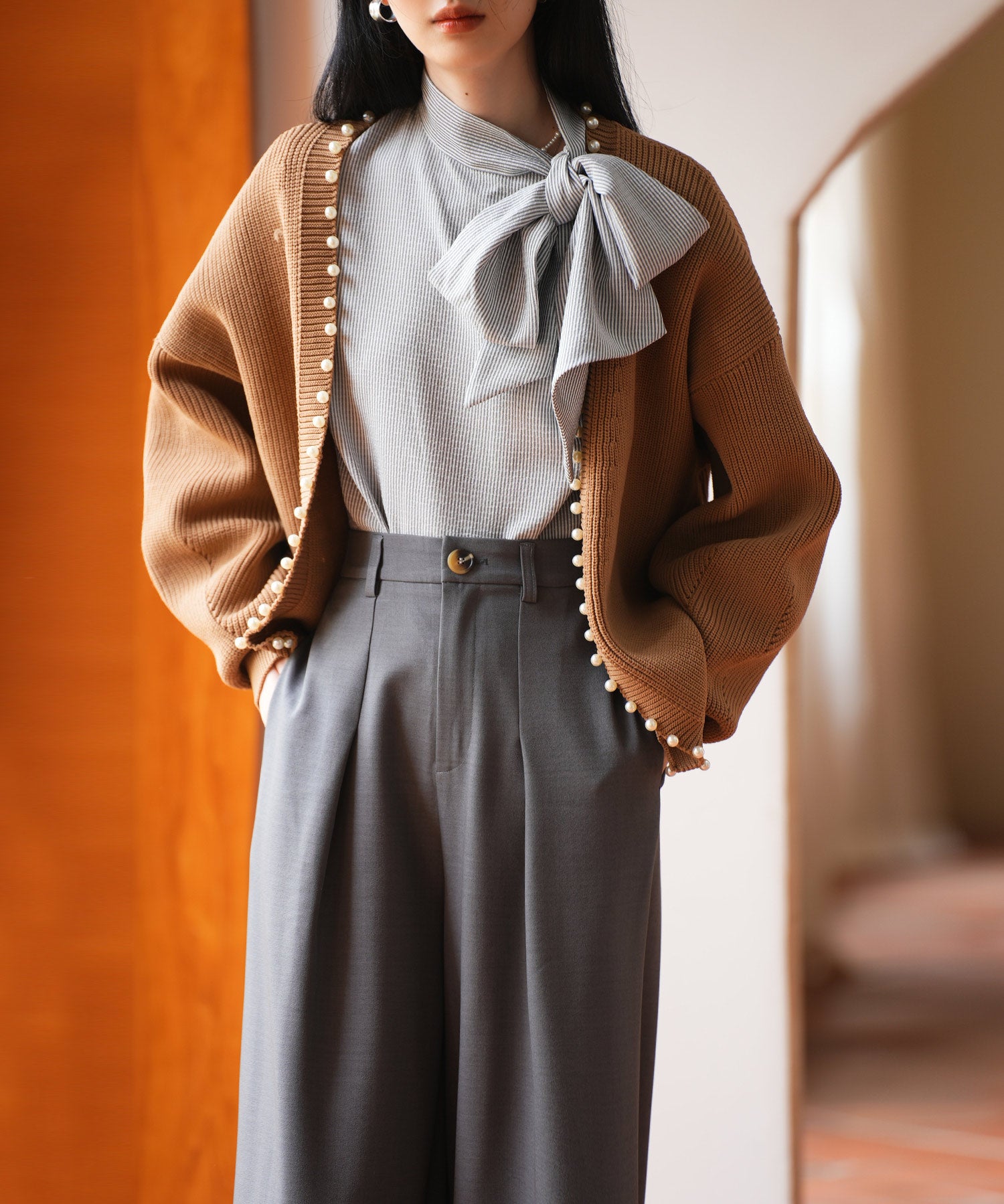 畦編みパールニットカーディガンsdpxyf2953 ブラウン