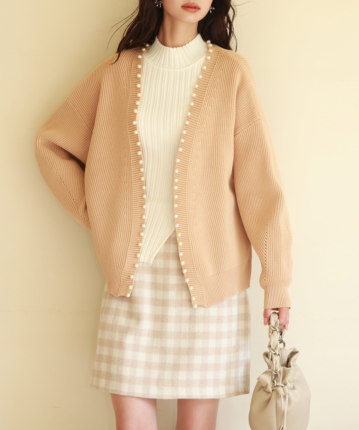 畦編みパールニットカーディガンsdpxyf2953 ライトブラウン