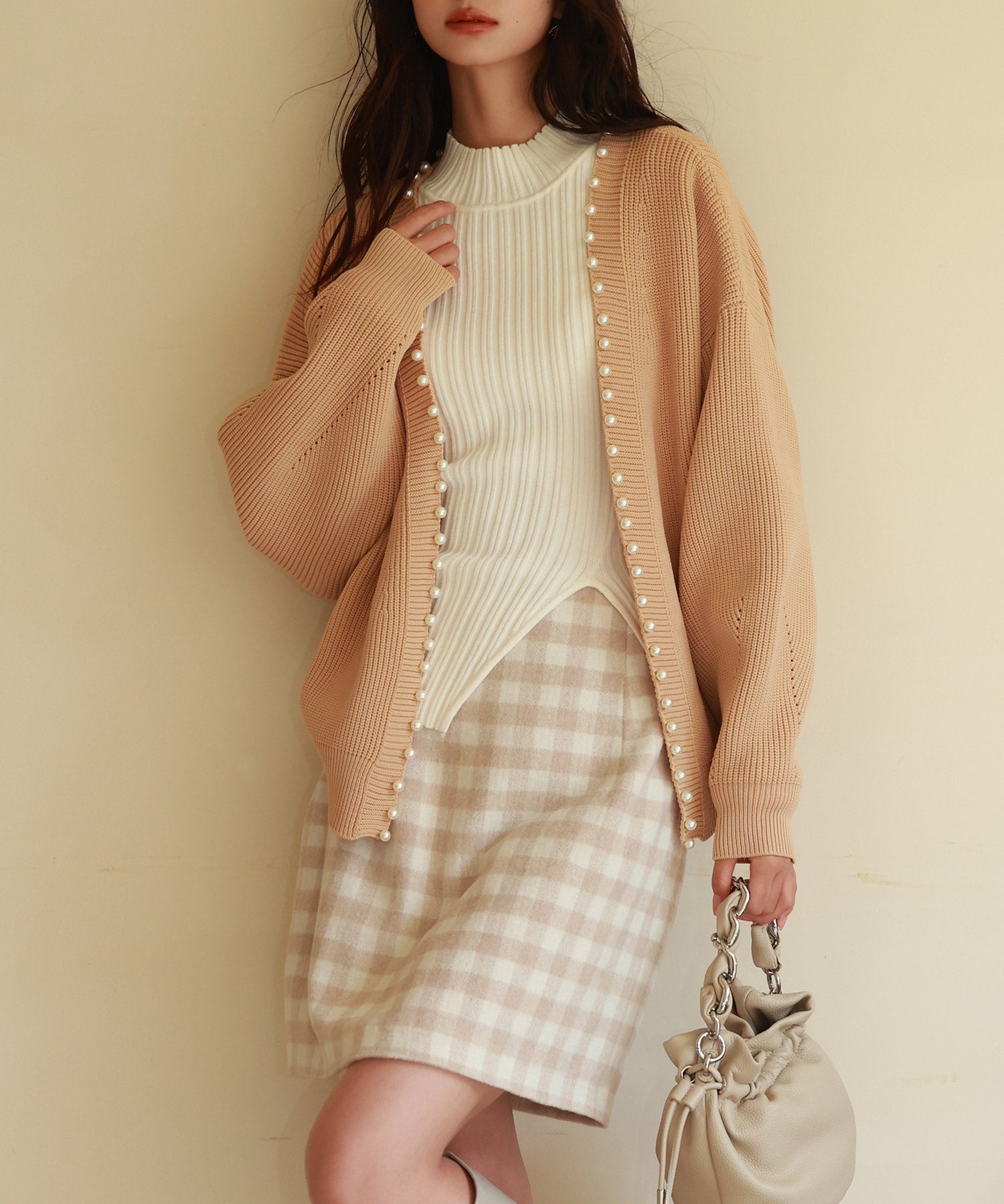 畦編みパールニットカーディガンsdpxyf2953 ライトブラウン