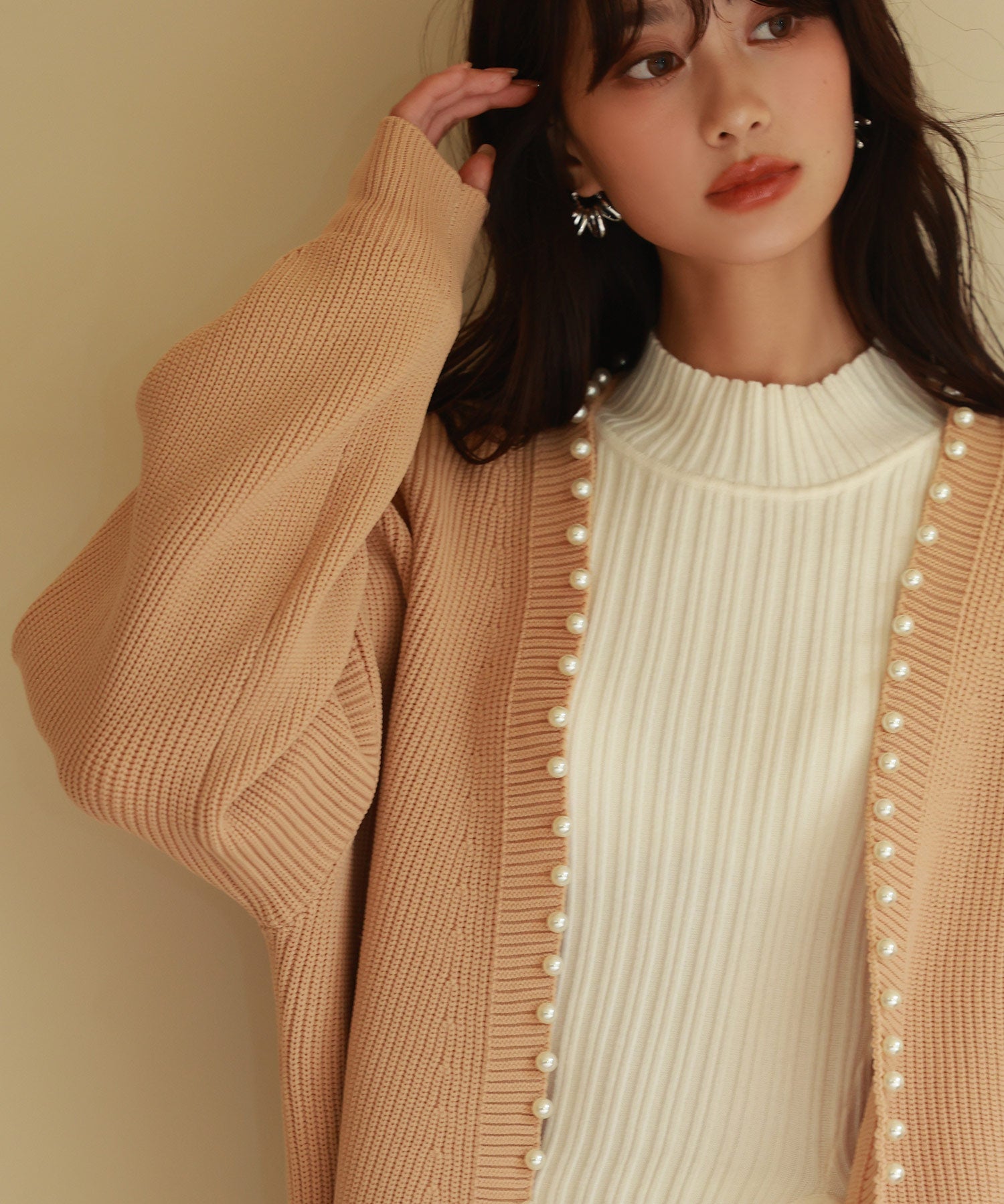 畦編みパールニットカーディガンsdpxyf2953 ライトブラウン
