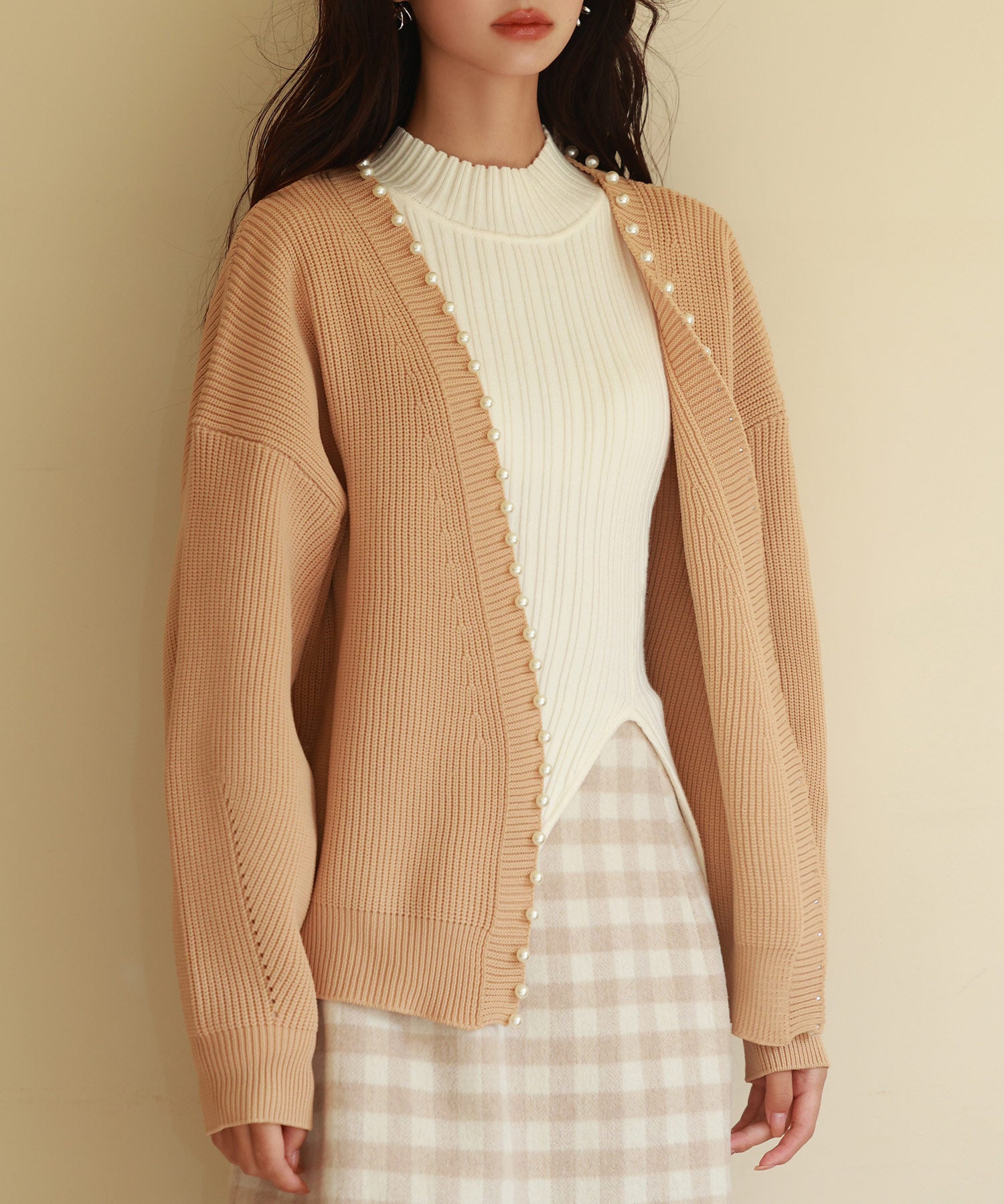 畦編みパールニットカーディガンsdpxyf2953 ライトブラウン