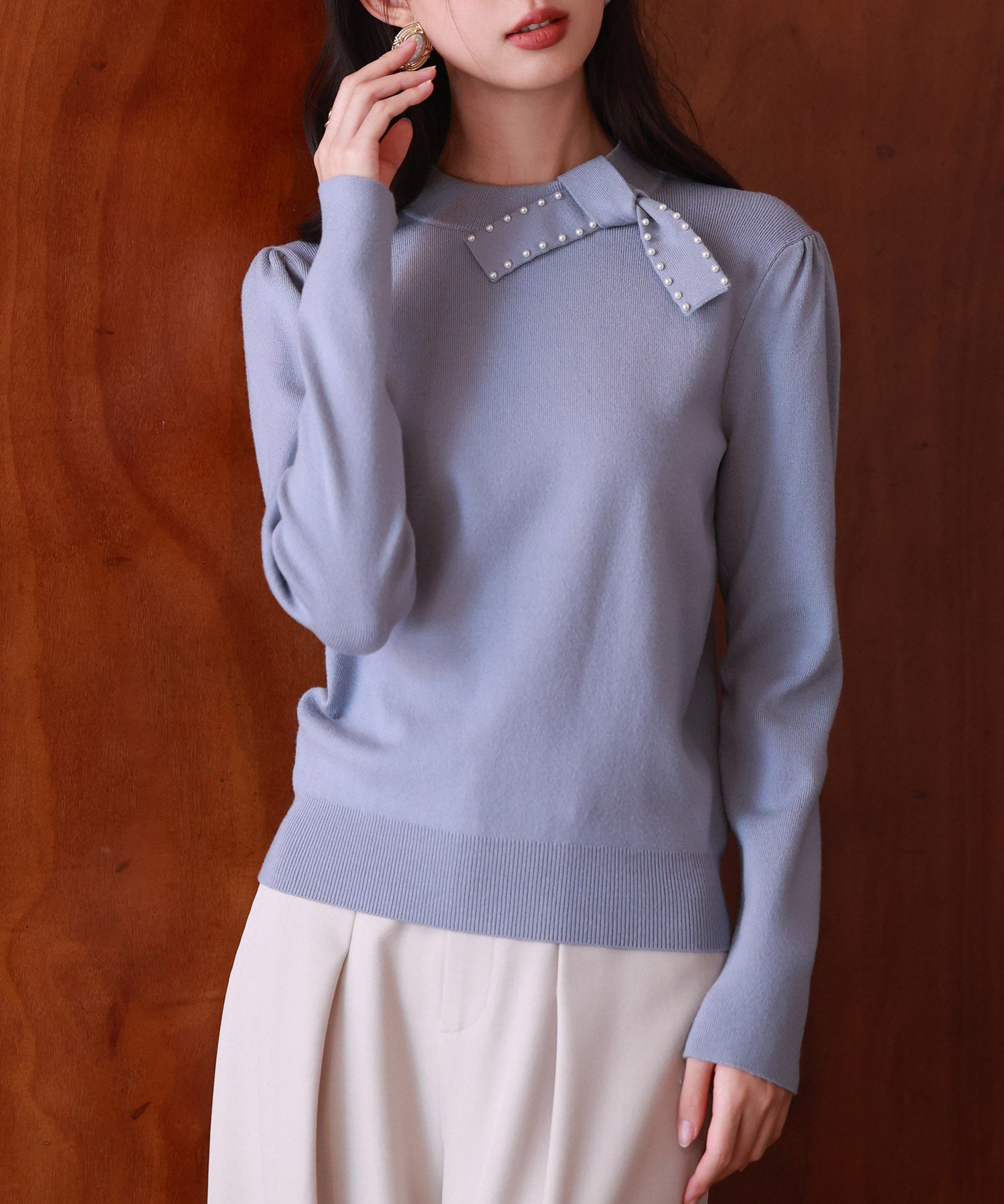 首元パールリボンハイゲージニットプルオーバーsdpxyf2966-103-72