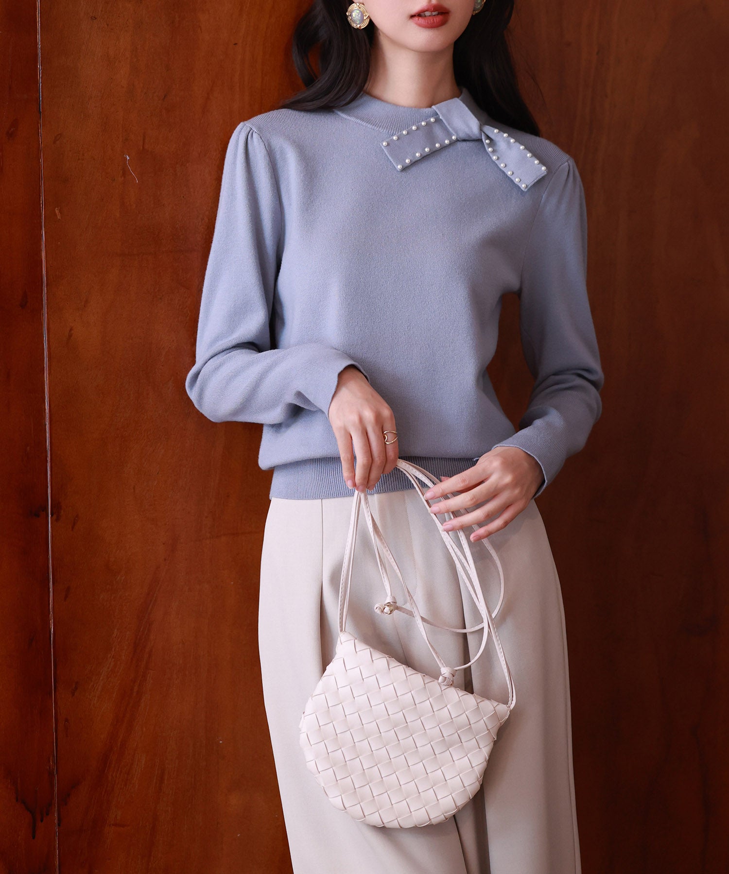 首元パールリボンハイゲージニットプルオーバーsdpxyf2966