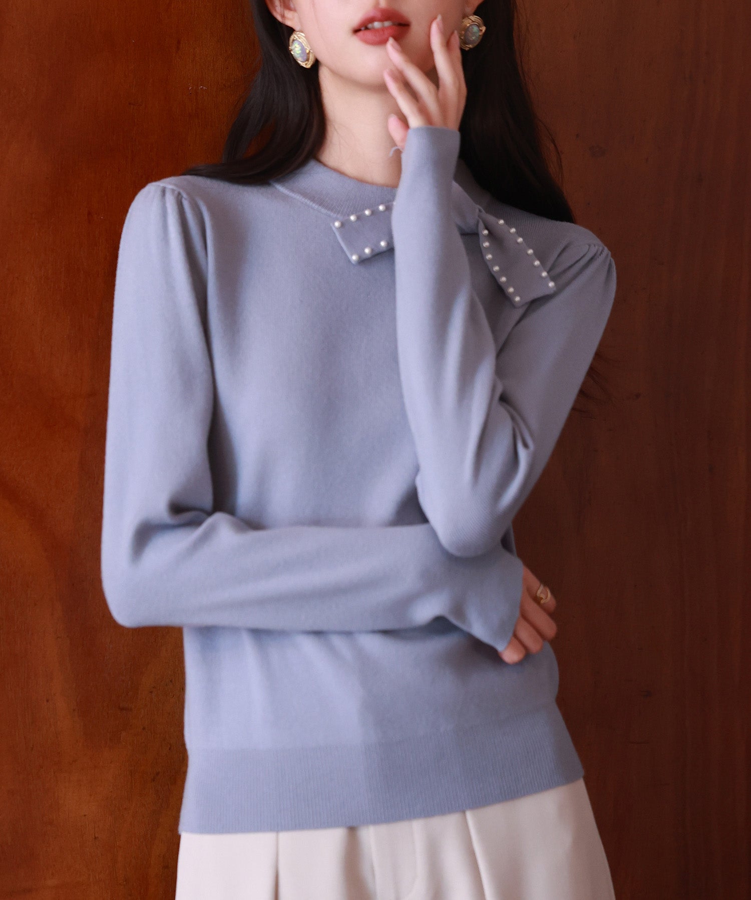 首元パールリボンハイゲージニットプルオーバーsdpxyf2966