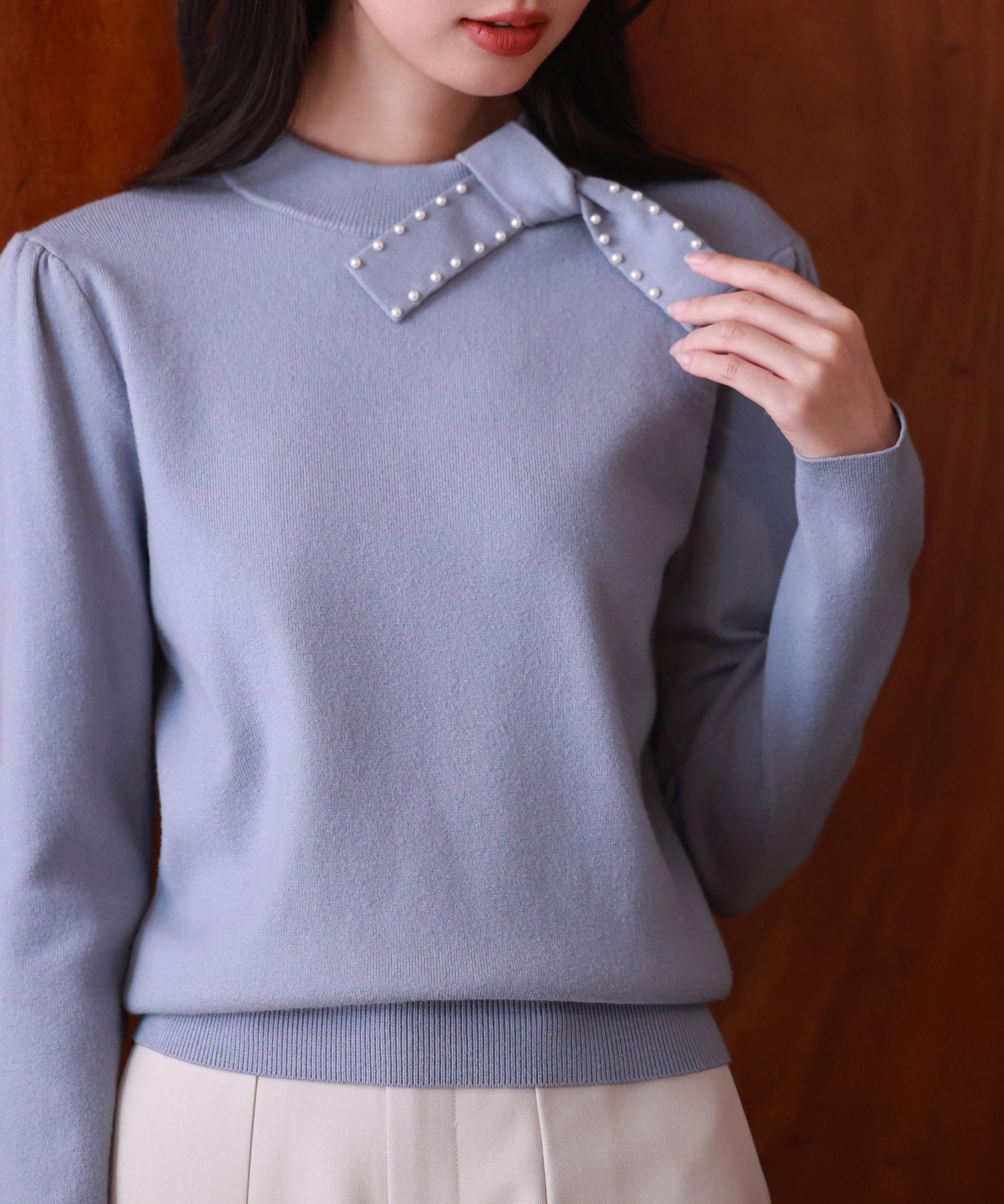 首元パールリボンハイゲージニットプルオーバーsdpxyf2966