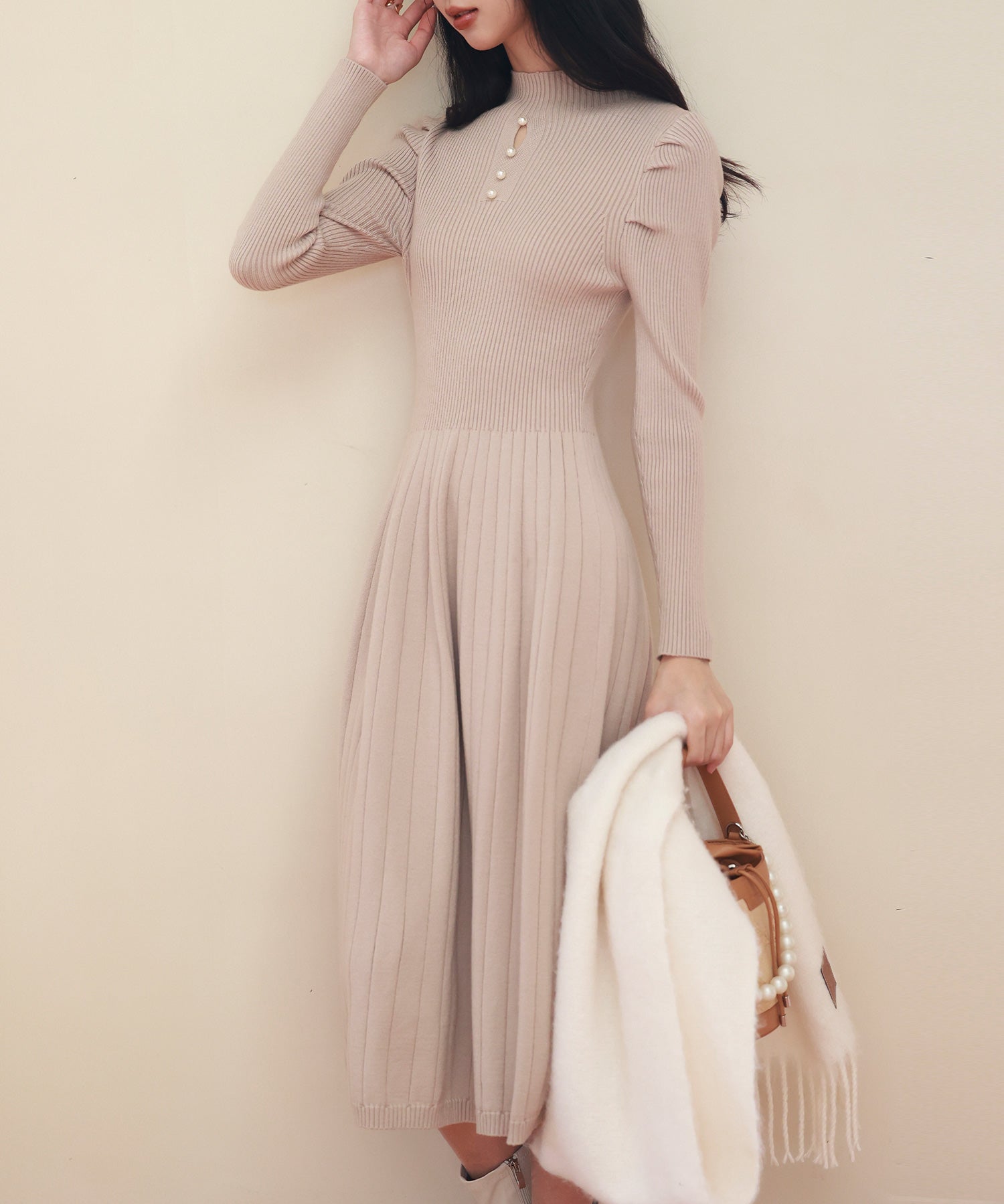 プチハイネックミモレ丈ワンピースsdpxyf2978 ベージュ