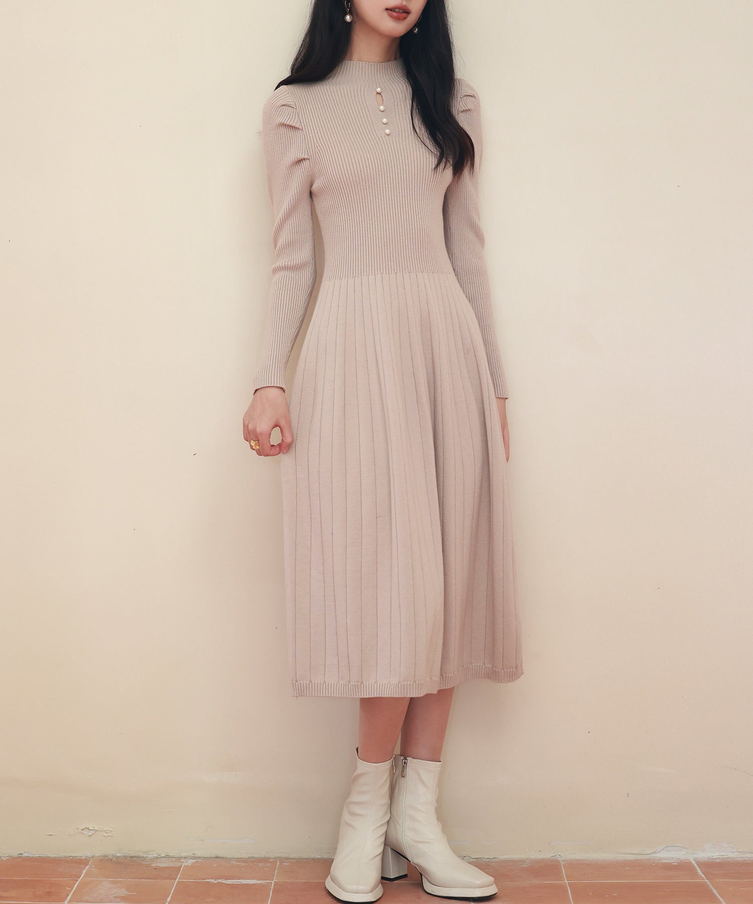 プチハイネックミモレ丈ワンピースsdpxyf2978 ベージュ