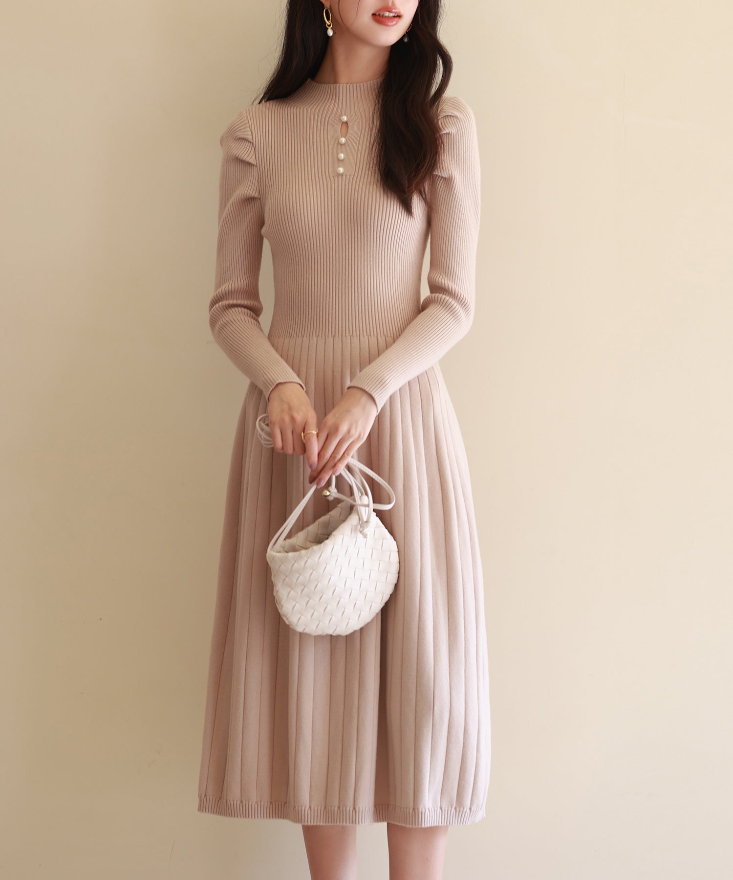 プチハイネックミモレ丈ワンピースsdpxyf2978 ベージュ