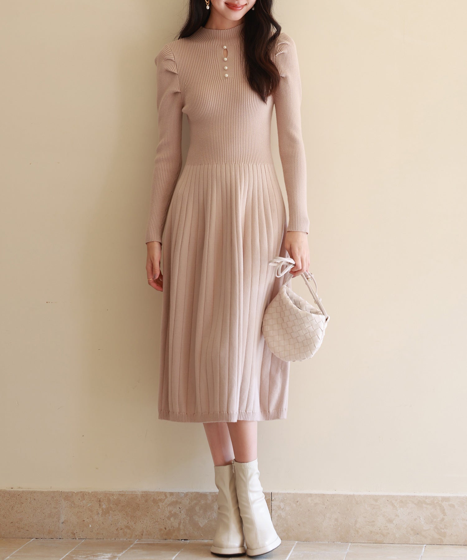 プチハイネックミモレ丈ワンピースsdpxyf2978 ベージュ