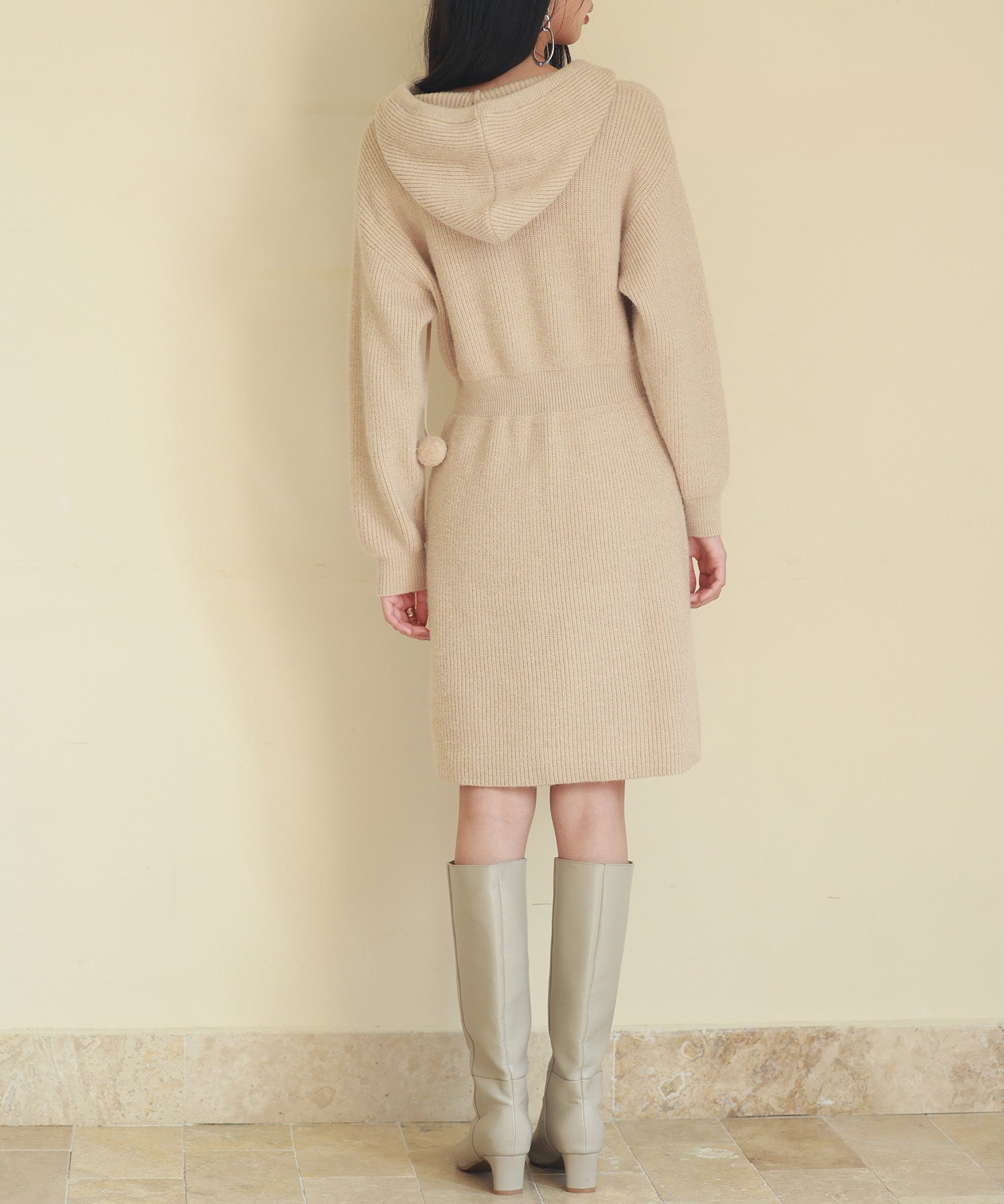 フード付きニット編みミニワンピースsdpxyf2985 ベージュ