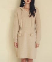 フード付きニット編みミニワンピースsdpxyf2985 ベージュ
