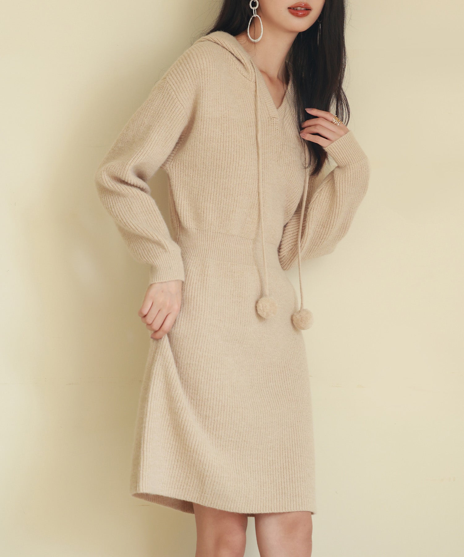 フード付きニット編みミニワンピースsdpxyf2985 ベージュ