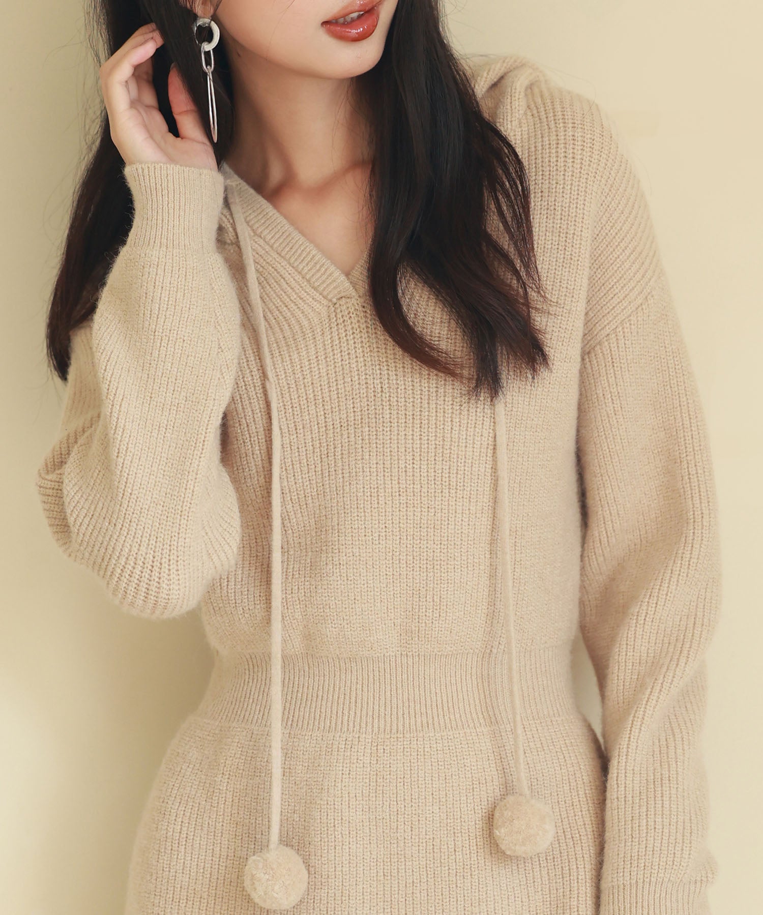 フード付きニット編みミニワンピースsdpxyf2985 ベージュ