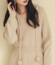 フード付きニット編みミニワンピースsdpxyf2985 ベージュ