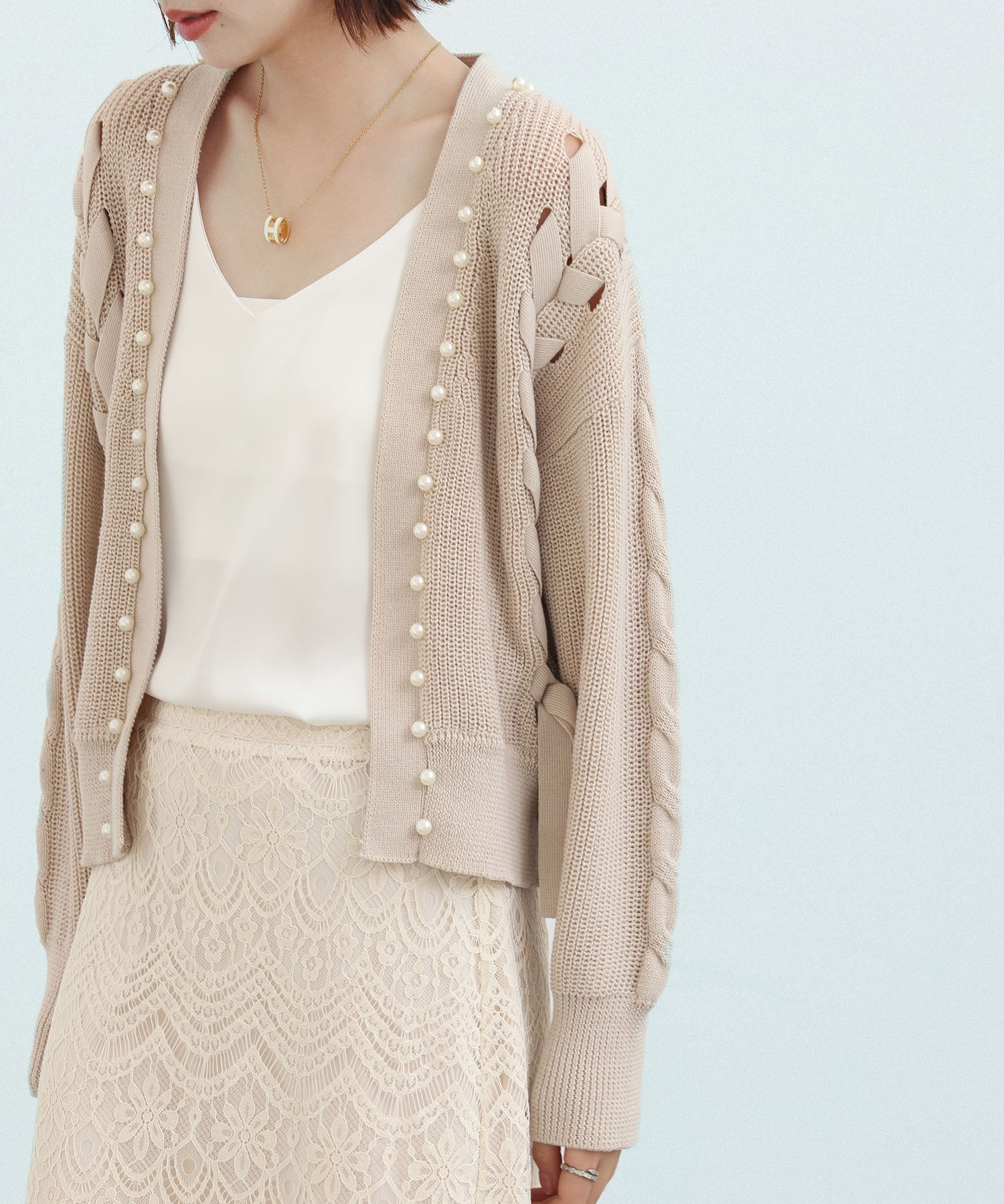 パール編み込みドロップショルダーニットカーディガンsdpxyf2995 ベージュ