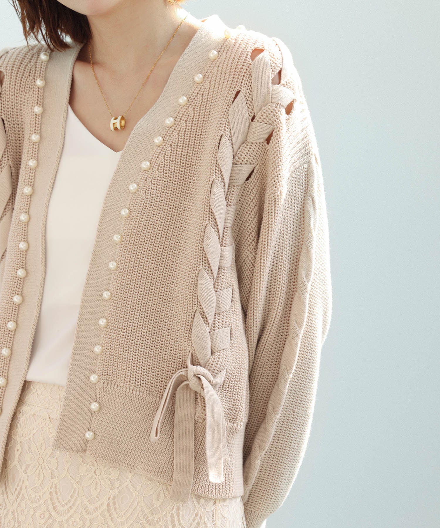 パール編み込みドロップショルダーニットカーディガンsdpxyf2995 ベージュ