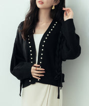パール編み込みドロップショルダーニットカーディガンsdpxyf2995 ブラック
