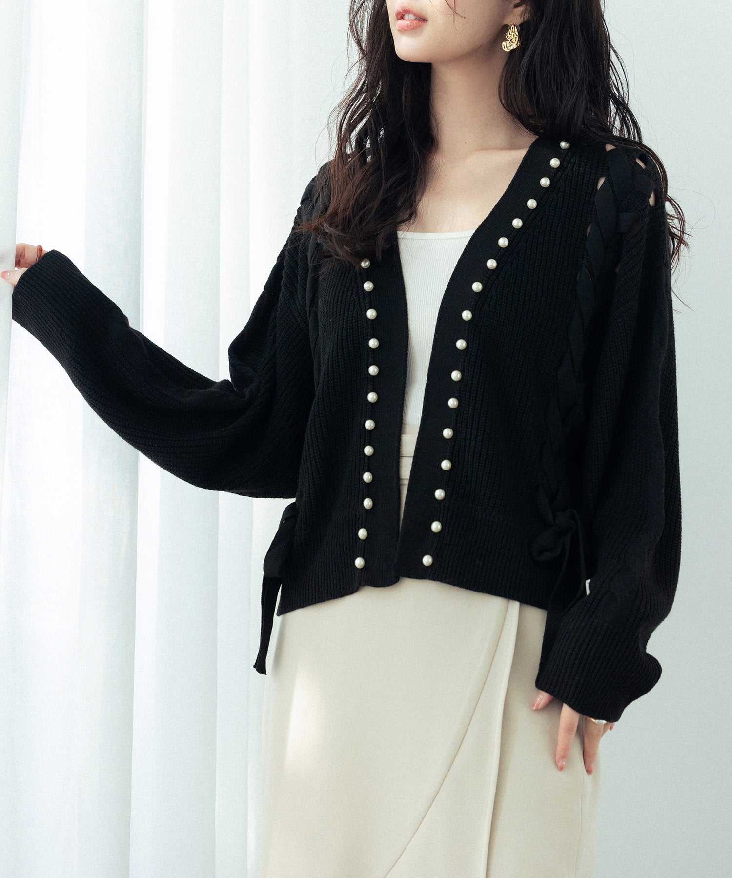 パール編み込みドロップショルダーニットカーディガンsdpxyf2995 ブラック