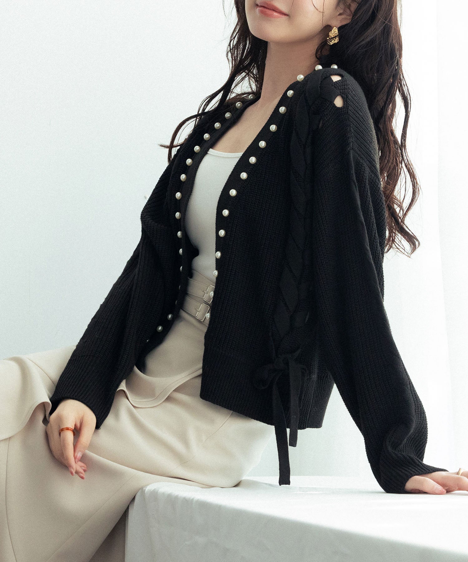 パール編み込みドロップショルダーニットカーディガンsdpxyf2995 ブラック